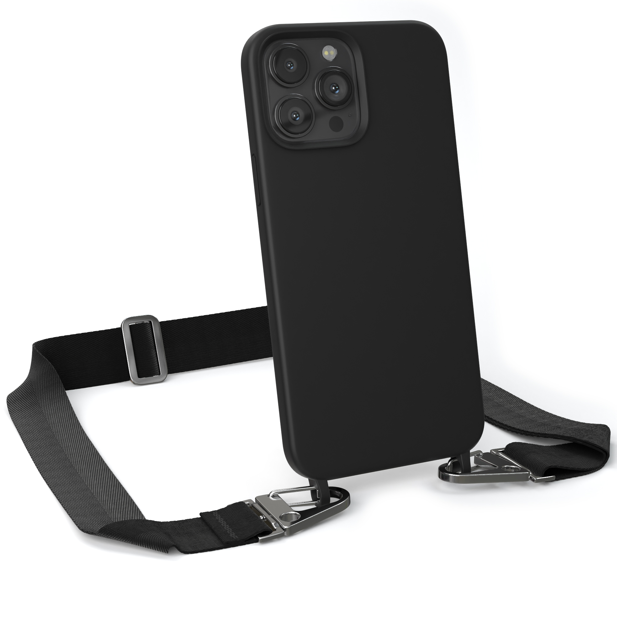 Schwarzes Telefon mit schwarzer Hülle und schwarzem Riemen. Metallbefestigungen an der Hülle.