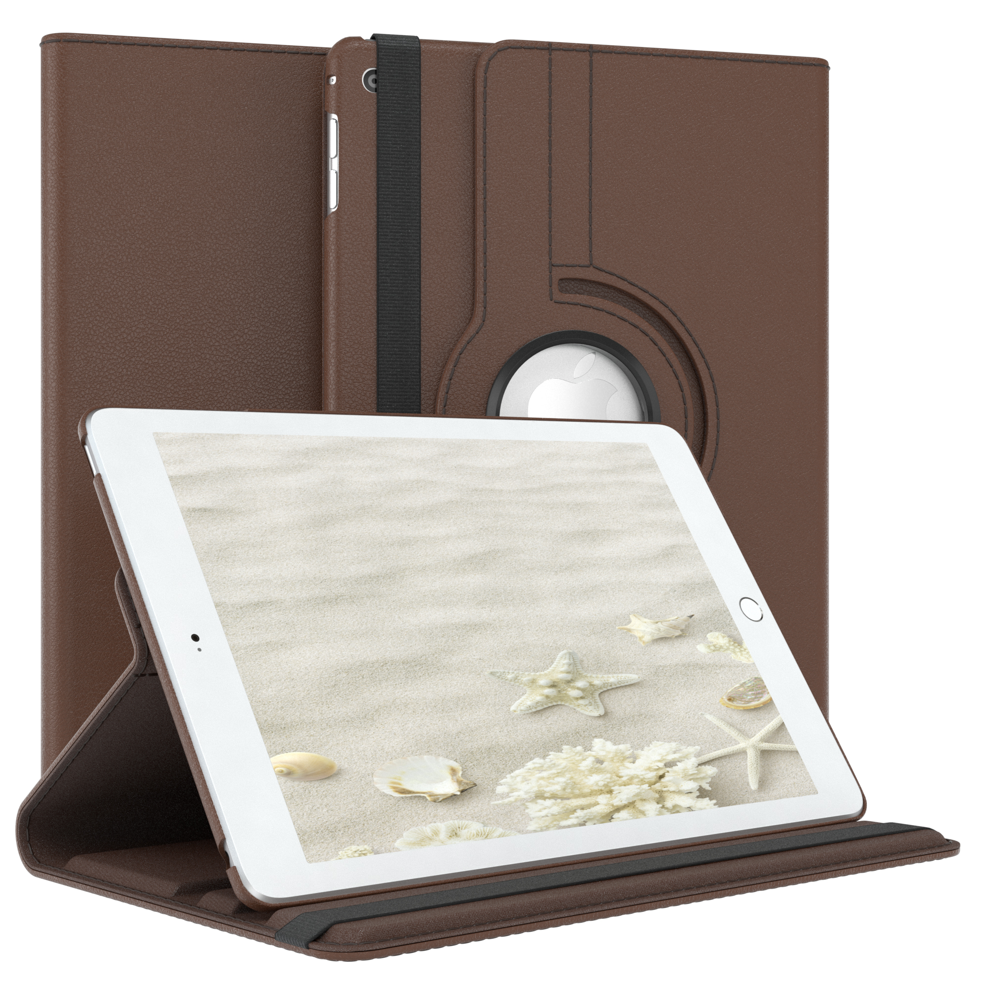 Ein braunes Tablet in einer braunen Hülle. Das Tablet zeigt eine Strandszene mit Muscheln.
