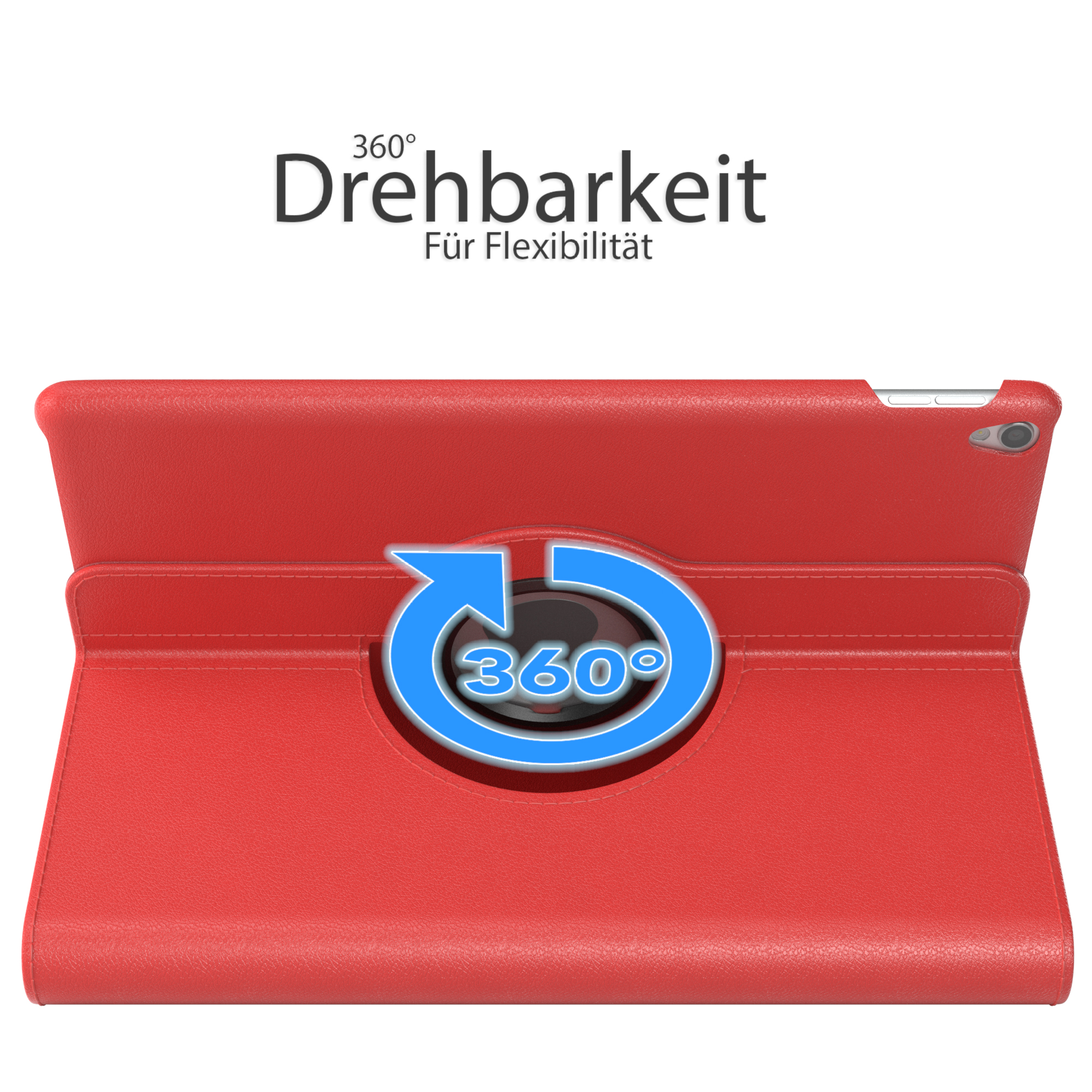 Eine rote iPad-Hülle, geöffnet mit einem 360-Grad-Pfeil. Text sagt '360° Drehbarkeit'.