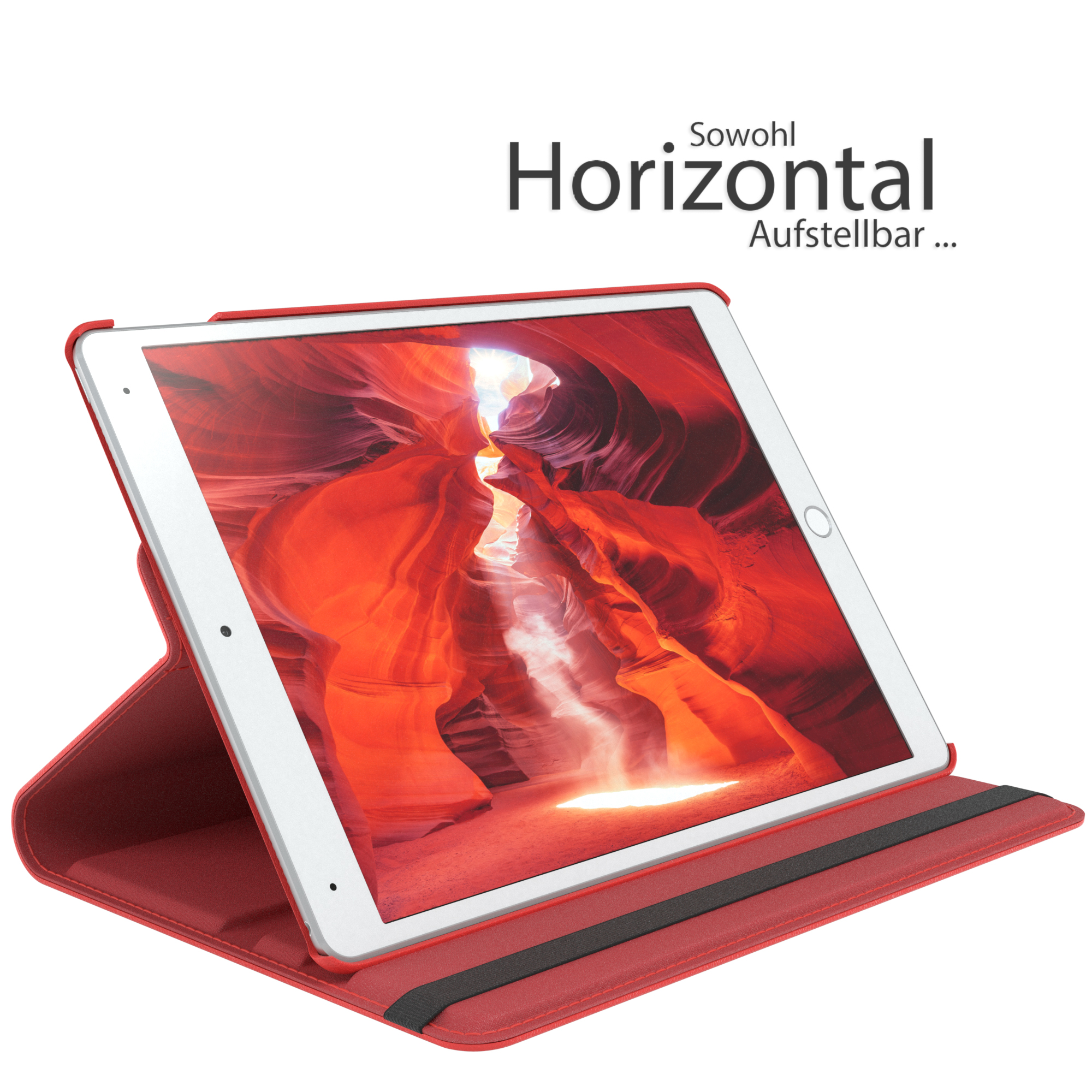 Ein Tablet in roter Hülle. Bildschirm zeigt roten Canyon. Text: 'Horizontal Aufstellbar'.