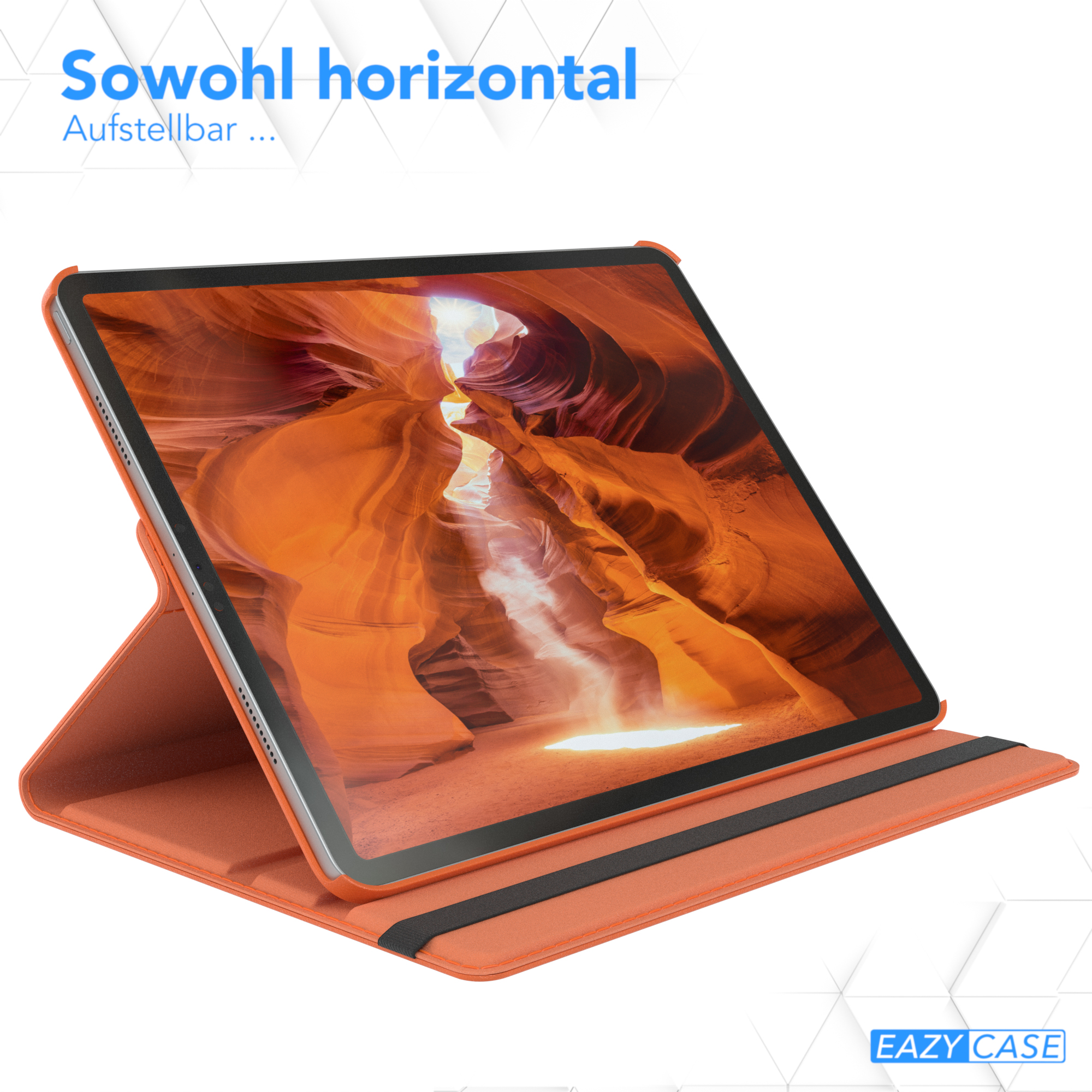 Offene orangefarbene Tablethülle mit Tablet. Weißer Hintergrund.
