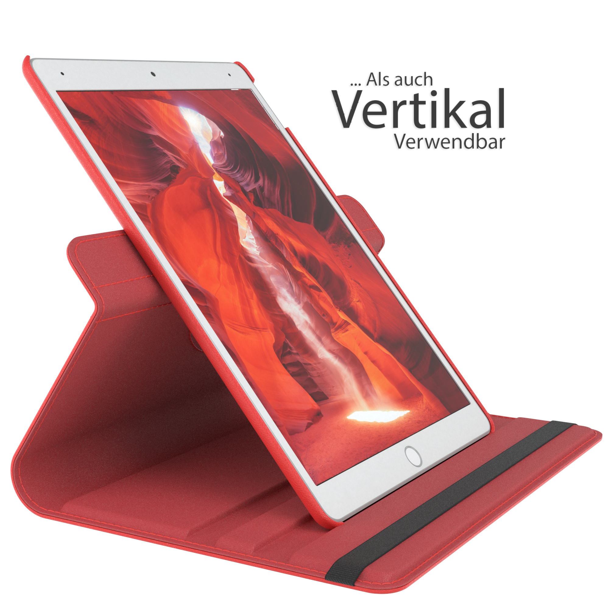 Rotes Tablet in roter Hülle, angewinkelt. Rotes Canyon-Bild auf dem Bildschirm.