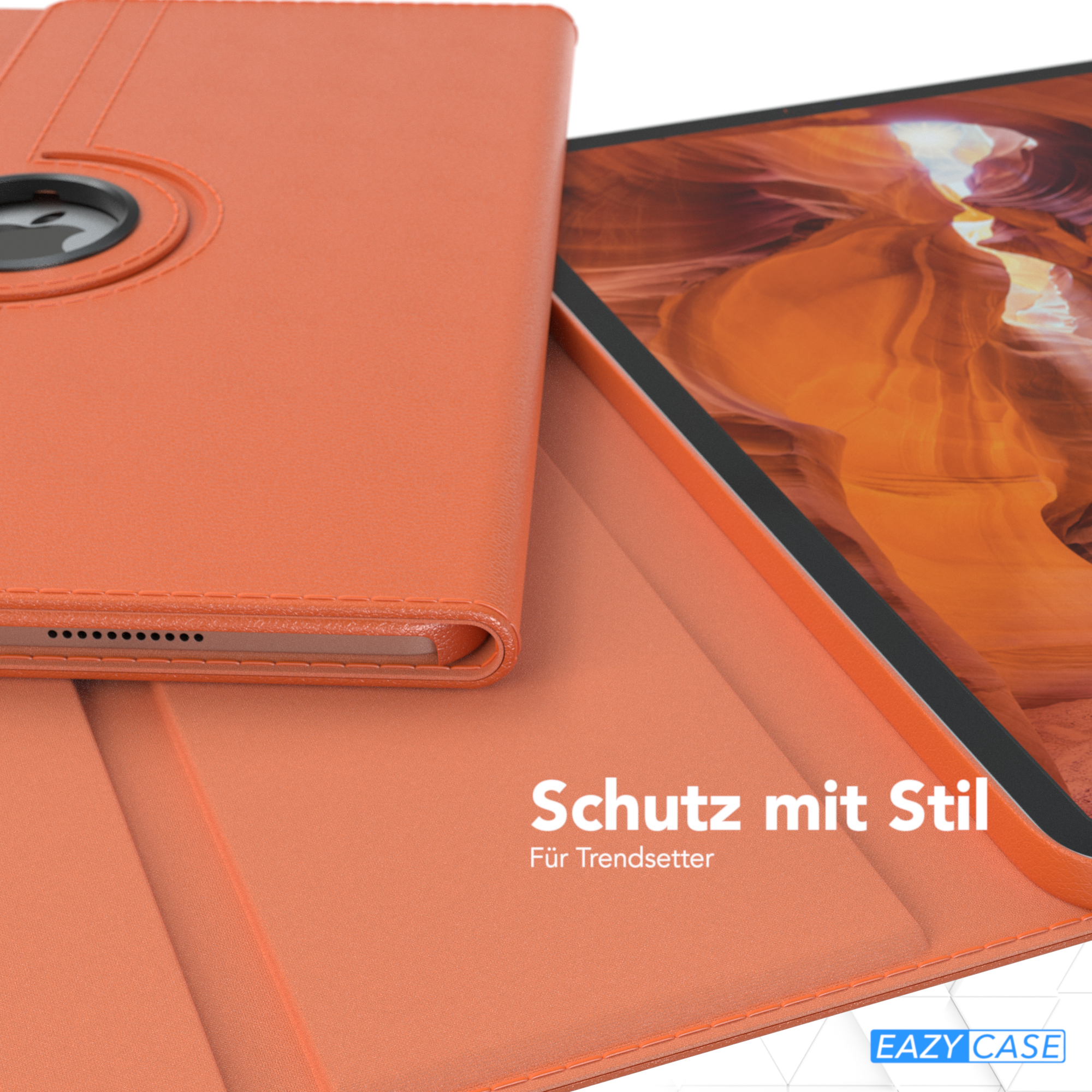 Eine orangefarbene Tablet-Hülle wird gezeigt, mit dem Text: 'Schutz mit Stil'.