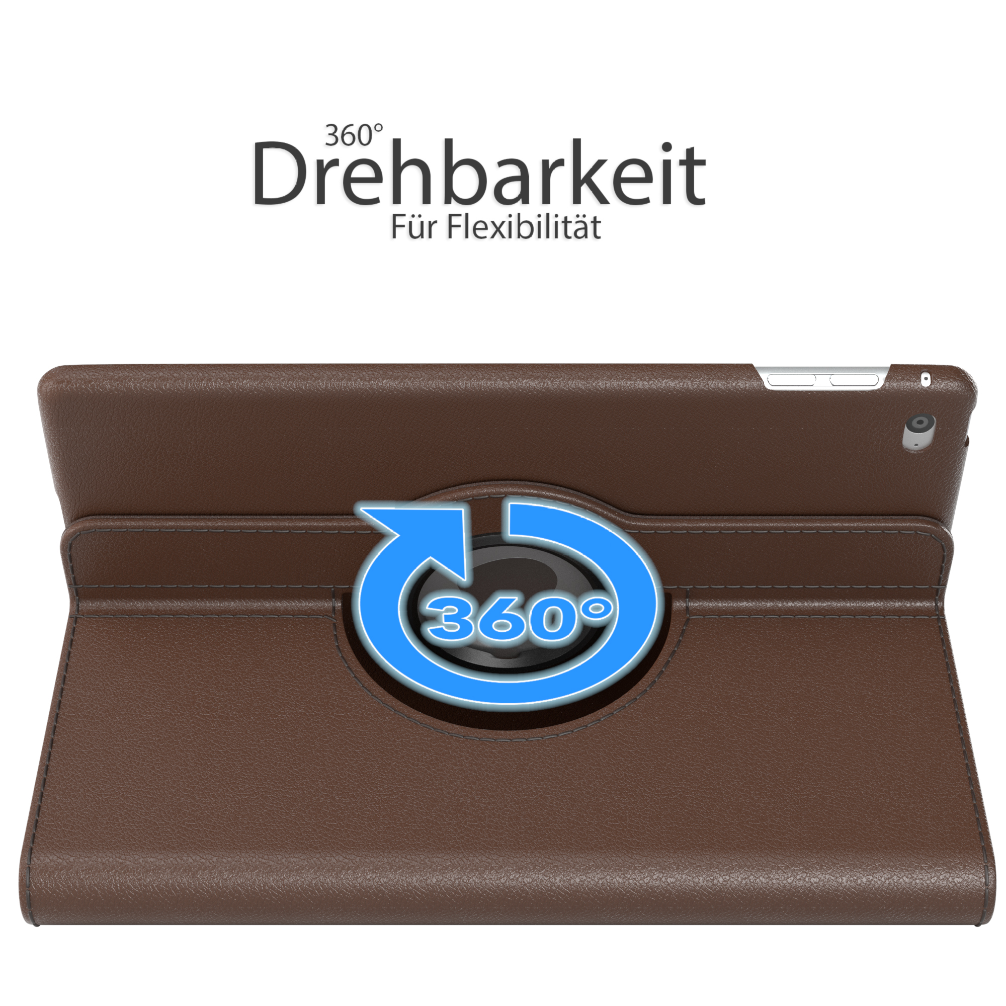 Braune Leder-Tablethülle mit 360°-Drehfunktion. Blaue Pfeilgrafik zeigt die Drehung an.