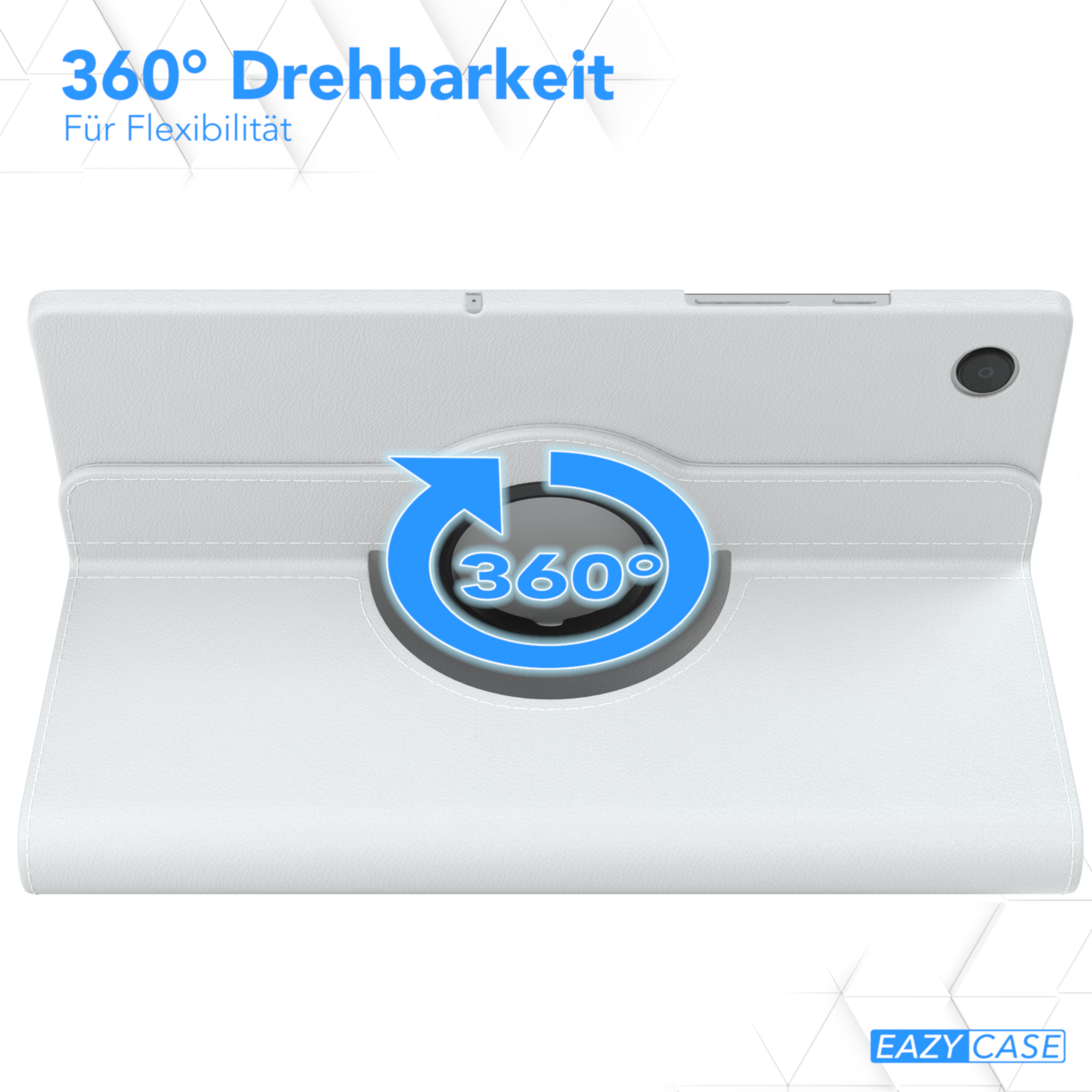 Weiße Tablet-Hülle mit Drehfunktion und blauem Logo. Die Hülle hat ein sauberes, modernes Aussehen.