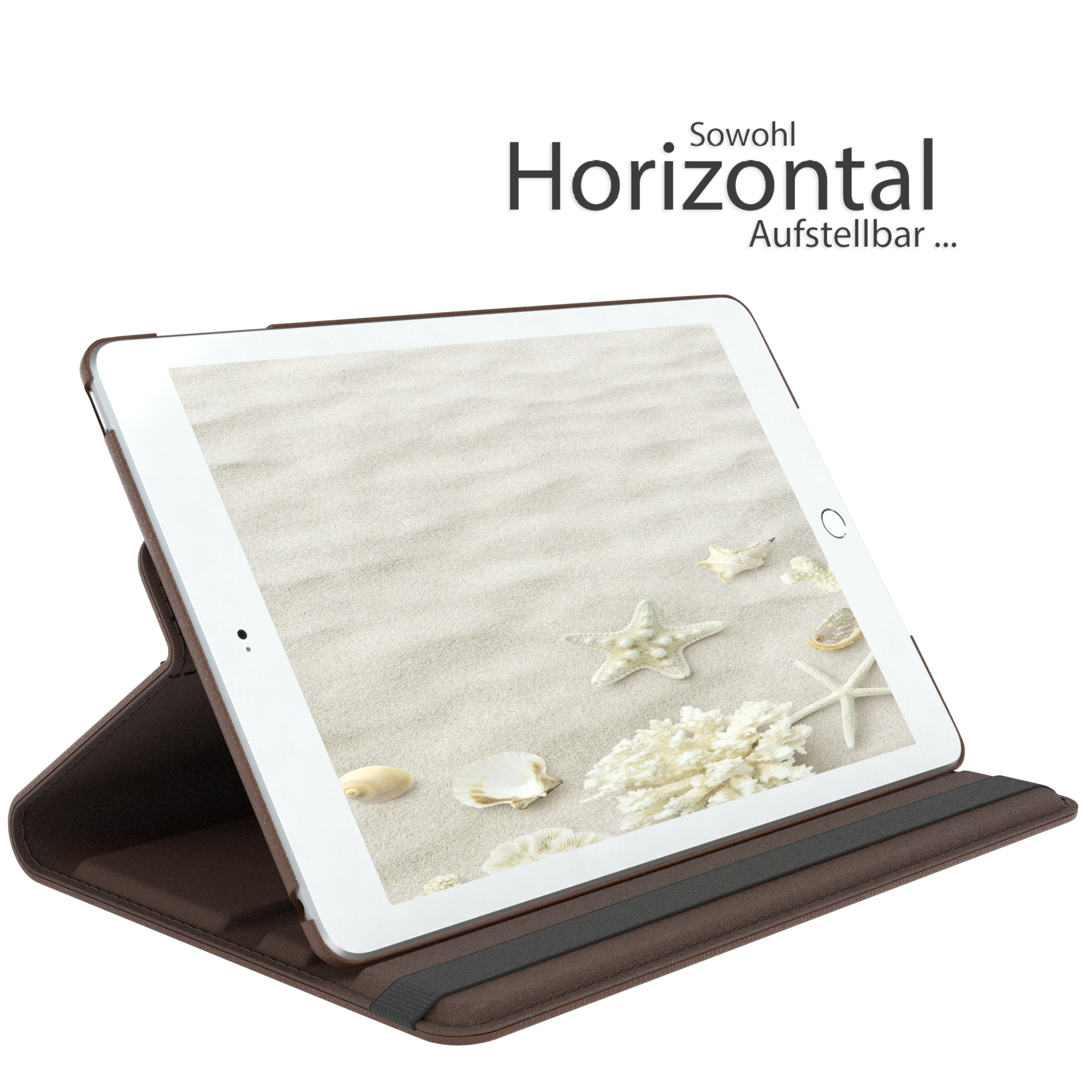 Ein Tablet mit Strandmotiv steht auf einem Ständer. Text: 'Horizontal'.