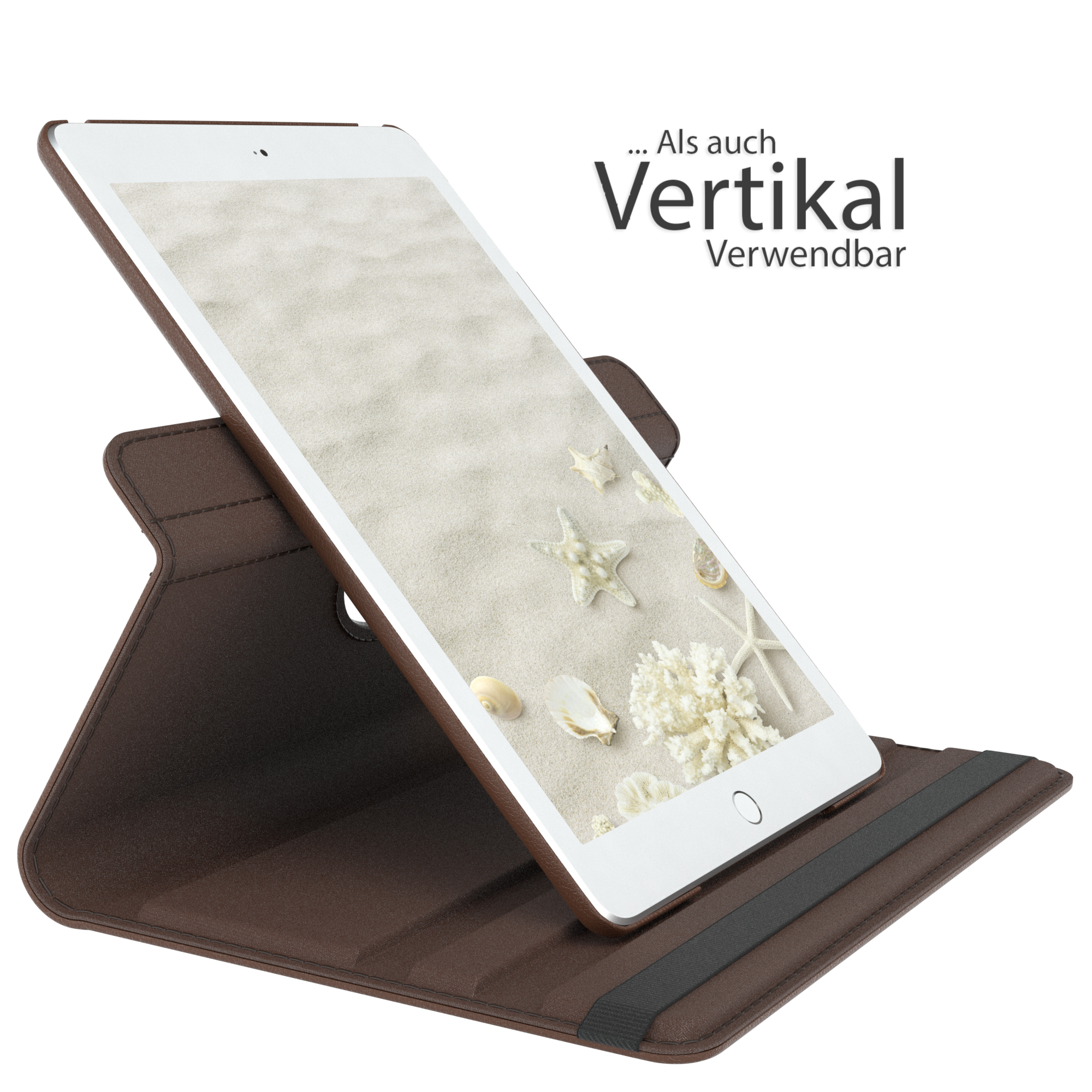 Tablet in brauner Hülle. Text auf Deutsch. Weißer Hintergrund. EAZY CASE Logo. Strandhintergrund.