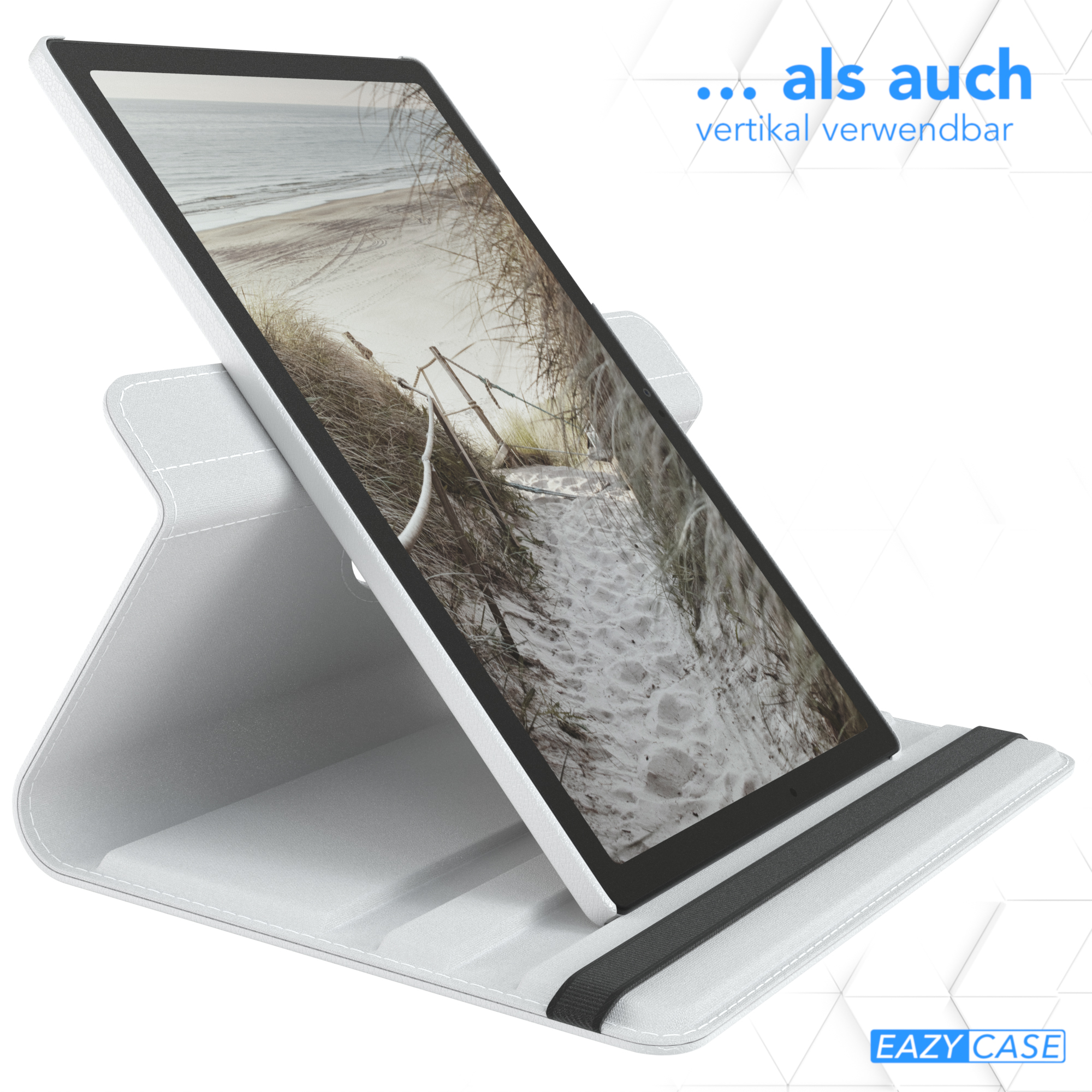 Tablet auf Ständer, weißes Case. Der Bildschirm zeigt eine Strandlandschaft. Vertikal verwendbar.