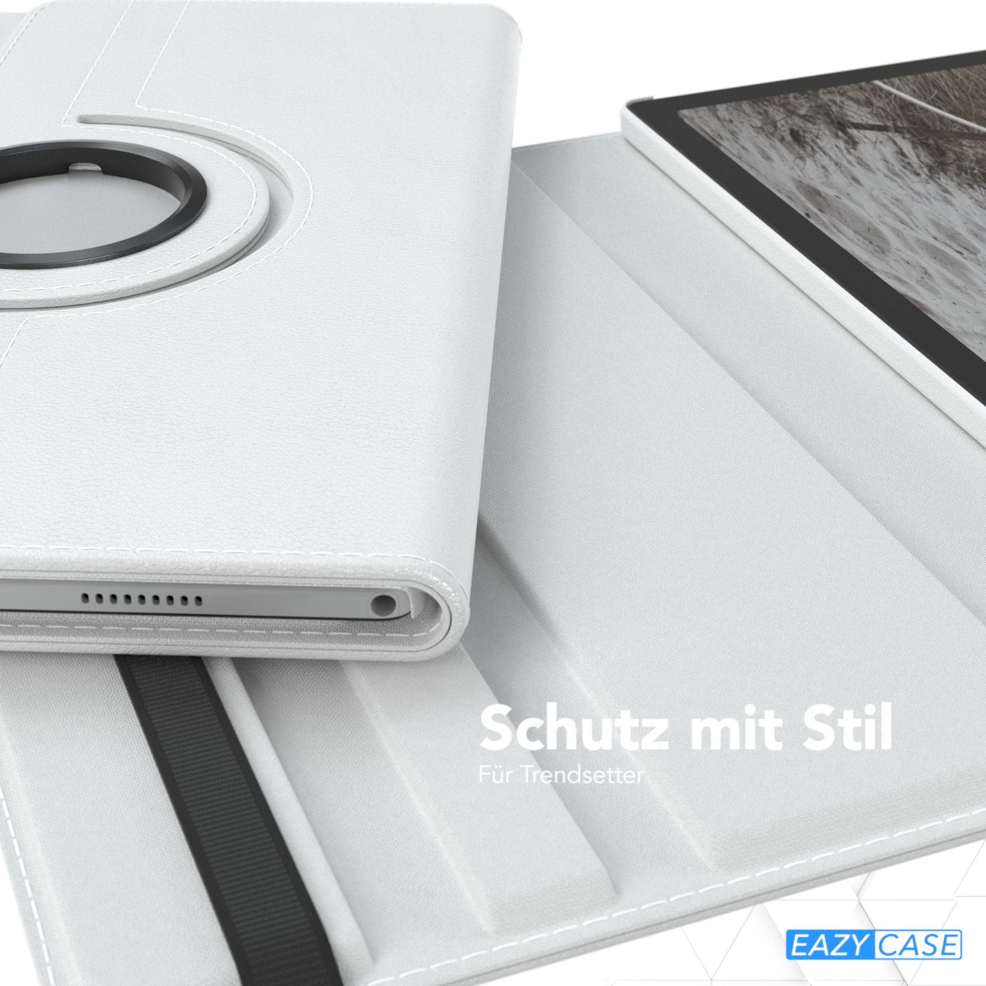 Weiße Tablet-Hülle, teilweise geöffnet. Text auf dem Bild lautet 'Schutz mit Stil' und 'Für Trendsetter'.
