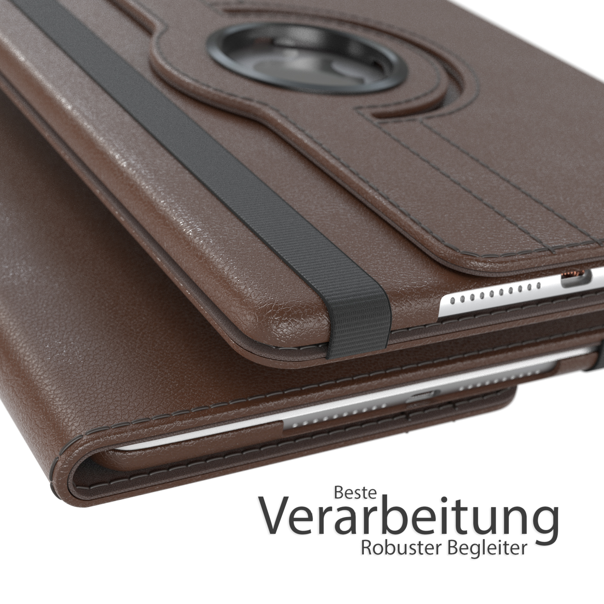 Braune Leder-Tablethülle, teilweise geöffnet, Tablet sichtbar. Nahaufnahme, Text unten.