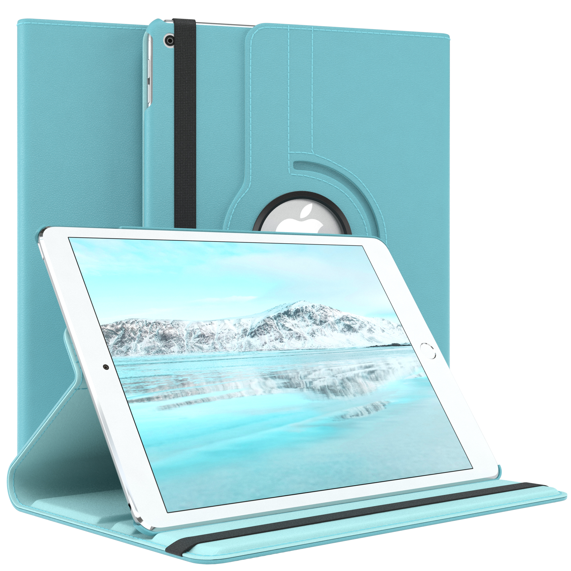 Blaue Tablet-Hülle. Der Tablet-Bildschirm zeigt eine schneebedeckte Landschaft mit See und Bergen.