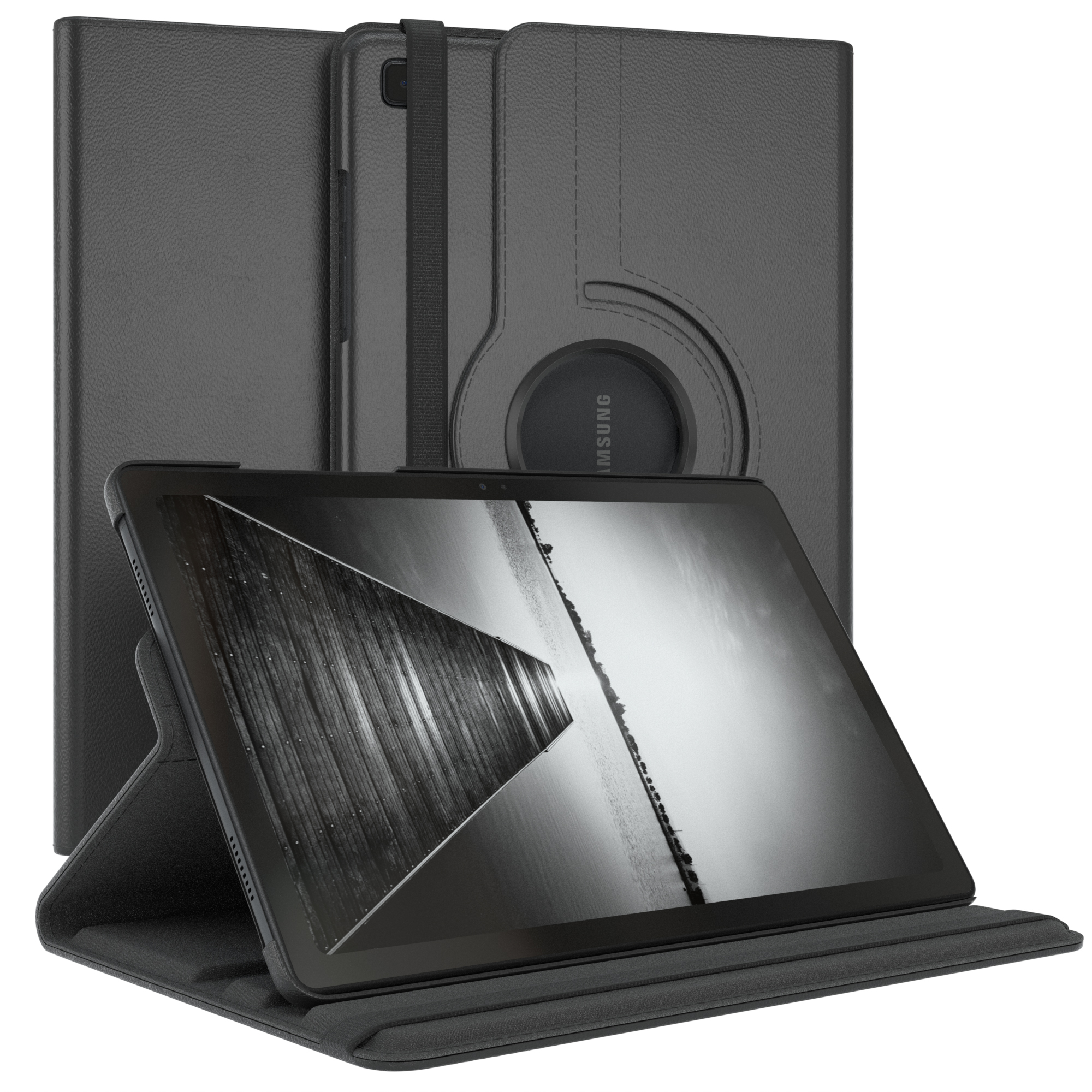 Schwarzes Tablet in einer dunkelgrauen Hülle. Die Hülle ist zum Aufstellen gefaltet. Der Hintergrund ist weiß.