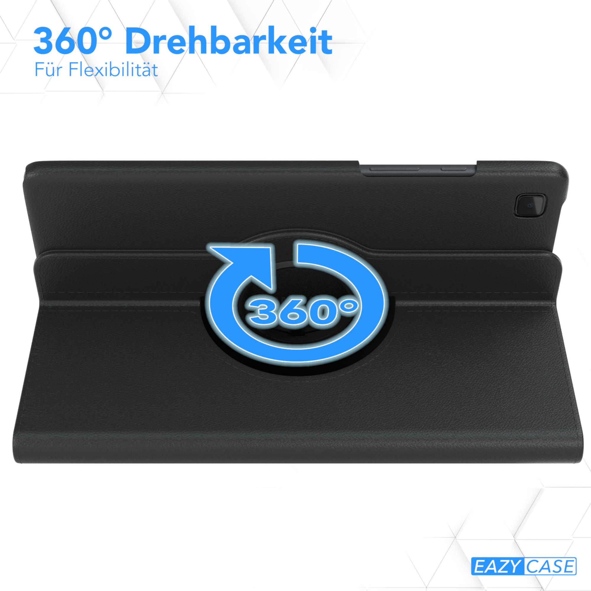 Schwarze Tablethülle mit 360°-Drehsymbol. Die Hülle ist geschlossen, mit schwarzer Oberfläche.