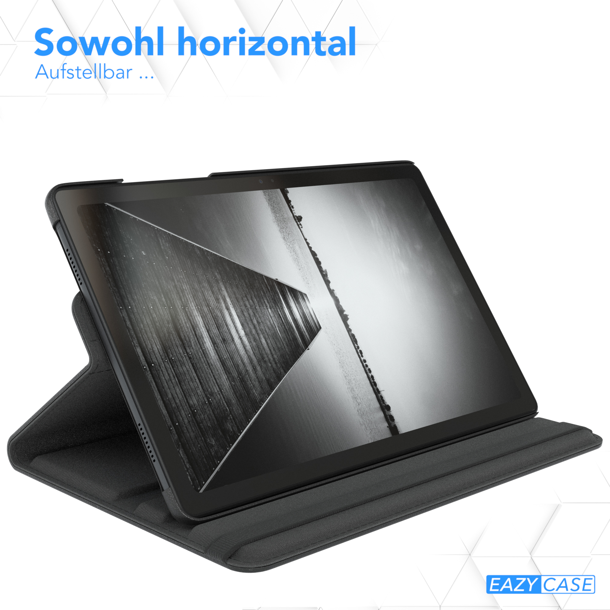 Ein schwarzes Tablet in einem grauen Case, zeigt ein Schwarzweißbild.