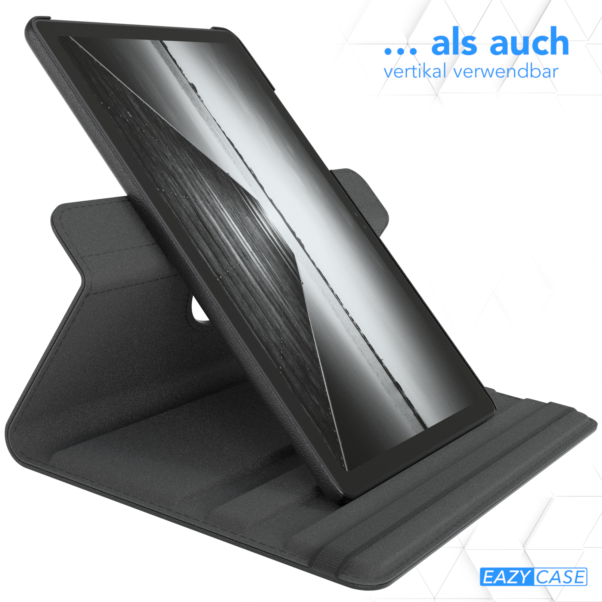 Schwarzes Tablet in einem dunklen Ständer, abgewinkelt zur Ansicht.