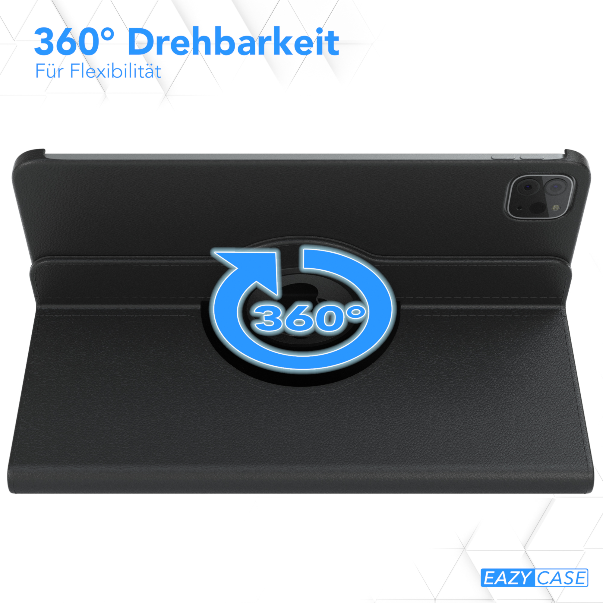 Schwarze Tablethülle mit 360-Grad-Drehung. Blaue Pfeile und Text im Hintergrund.