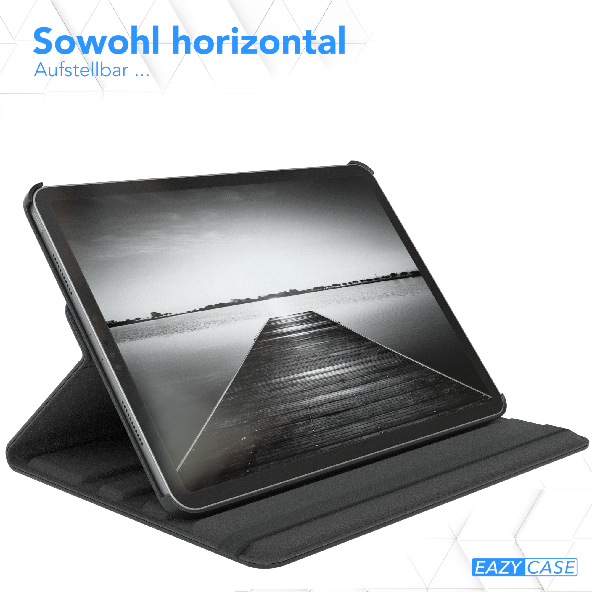 Schwarzes Tablet in schwarzer Hülle, zeigt eine Szene mit Holzsteg. Text: "Sowohl horizontal".