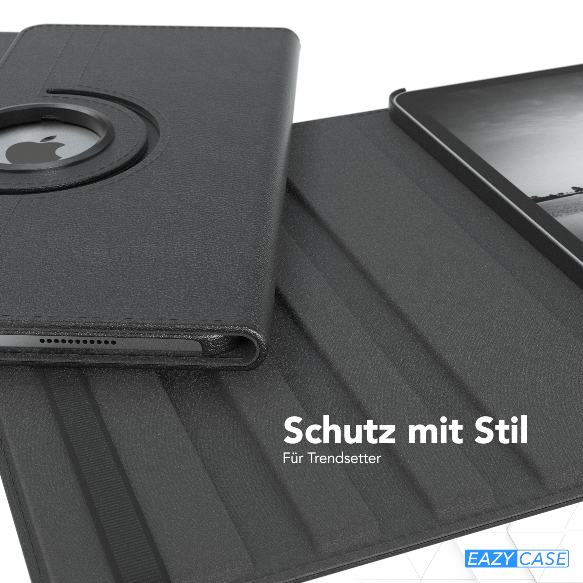 Schwarze Tablet-Hülle. Tablet mit Apfel-Logo. Wörter sind: Schutz mit Stil.