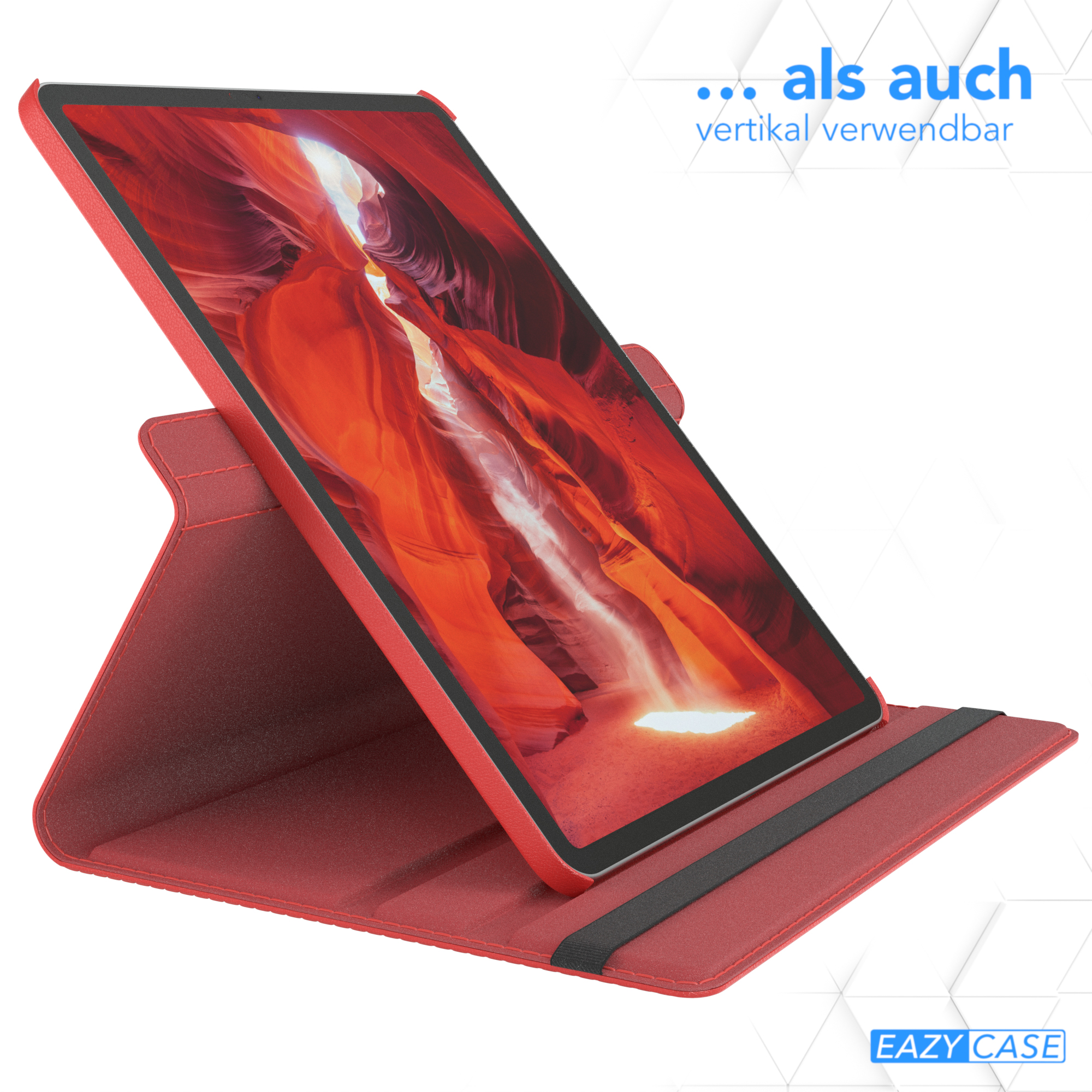 Rote Tablethülle mit Tablet, das ein Canyon-Bild zeigt. Stehend.
