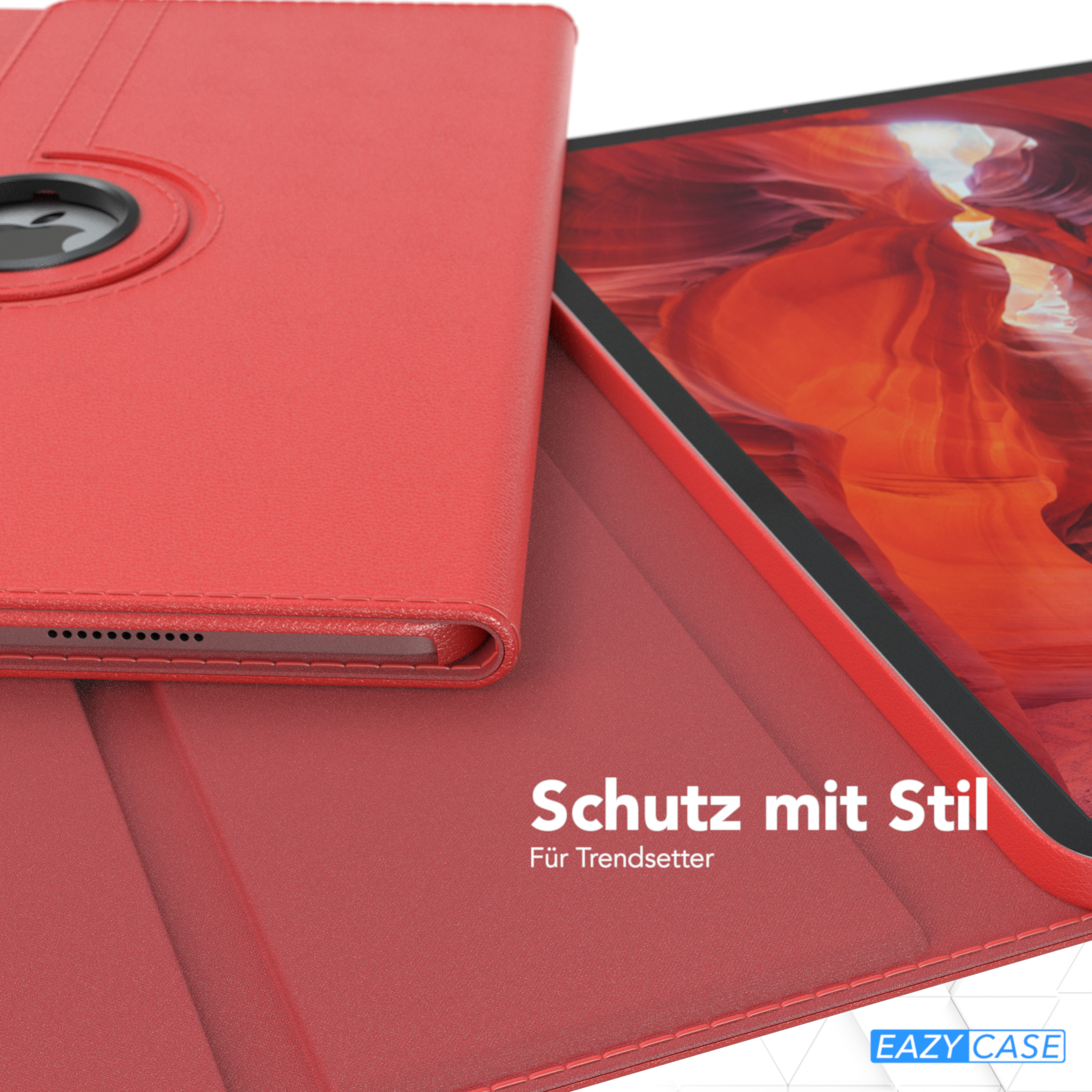 Rotes Tablet in einer roten Hülle. Die Hülle ist geöffnet. Der Bildschirm zeigt eine Canyon-Szene.