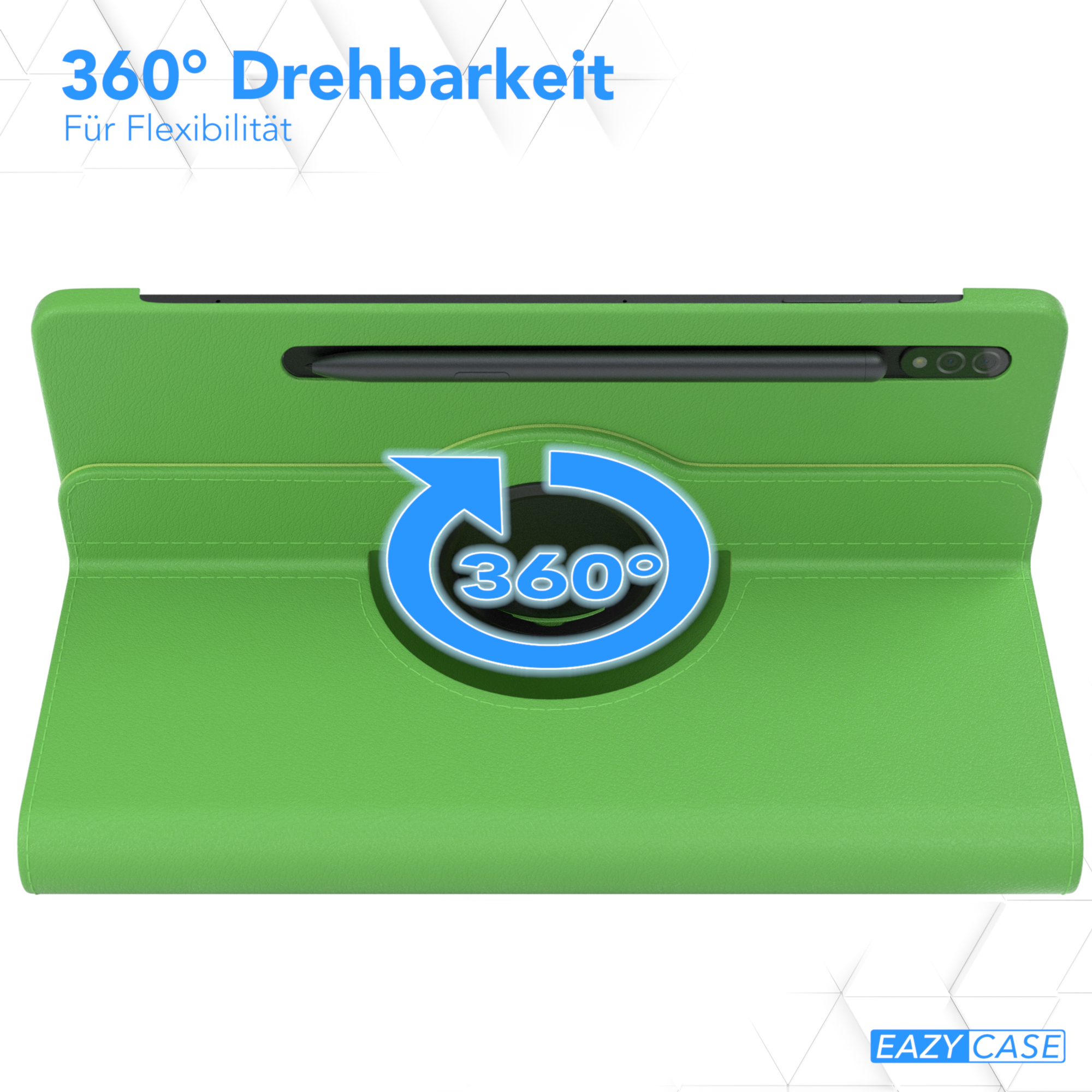Grüne Tablet-Hülle mit Stift und drehendem Pfeil. Text: '360° Drehbarkeit Für Flexibilität'.