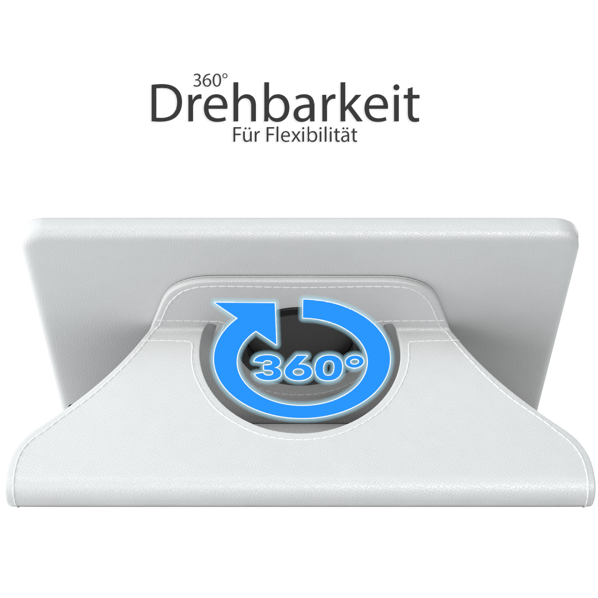 Weißes Tablet-Case mit 360°-Drehständer, blauem Pfeillogo und Text.