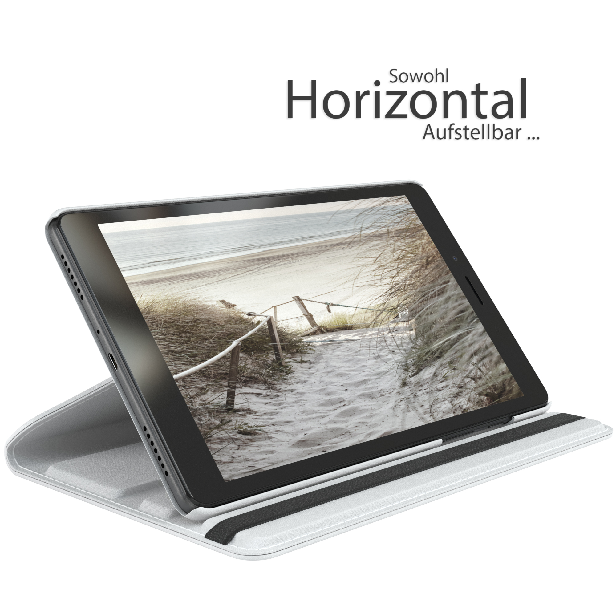 Tablet in weißer Hülle. Text auf Deutsch. Weißer Hintergrund. EAZY CASE Logo. Strandhintergrund.