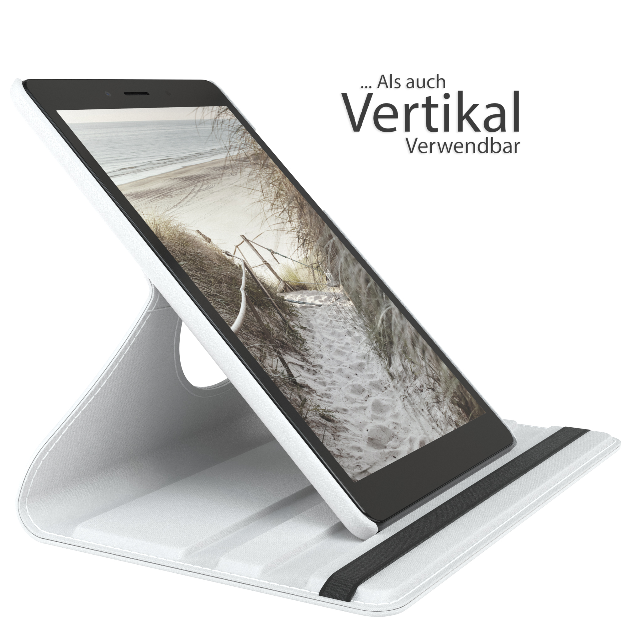 Weiße Tablethülle, aufgestellt, Strand auf dem Bildschirm. Weißer Hintergrund, Text oben.