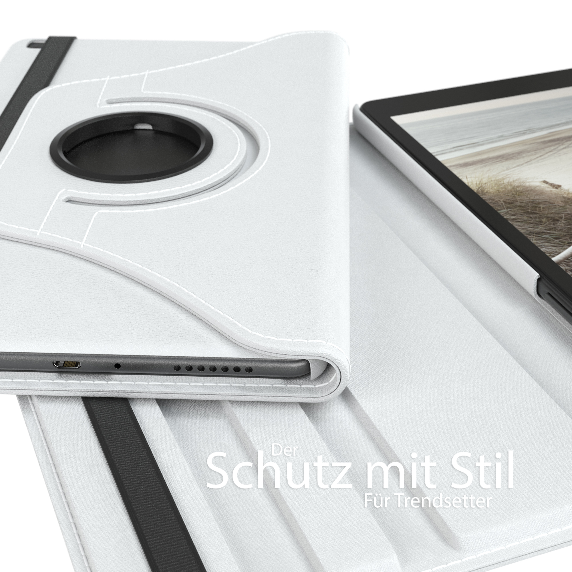 Weiße Tablethülle mit Drehmechanismus und schwarzen Details. Text unten.