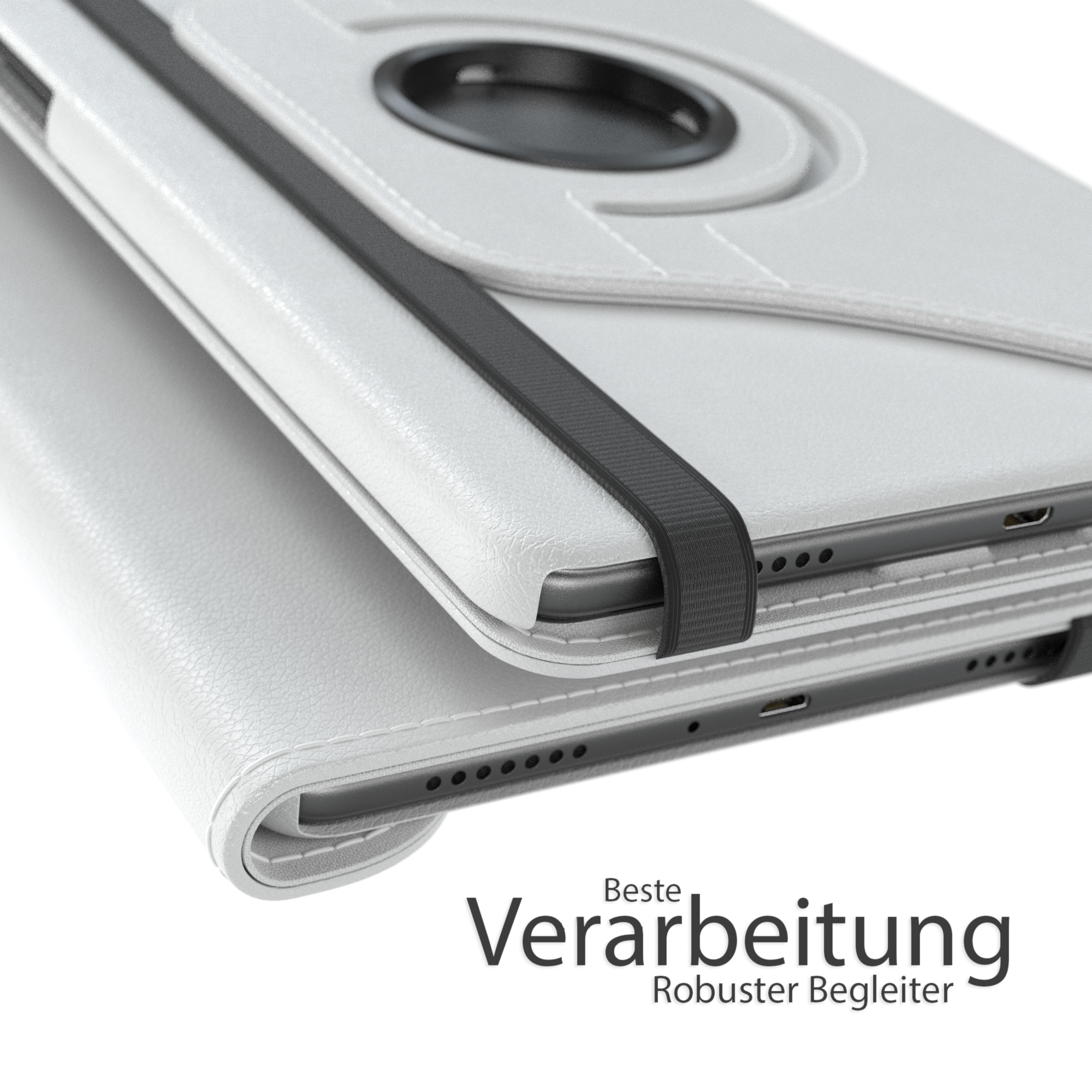 Weiße Tablet-Hülle, gefaltet. Schwarzer Gummiband. Text: 'Beste Verarbeitung, Robuster Begleiter'.