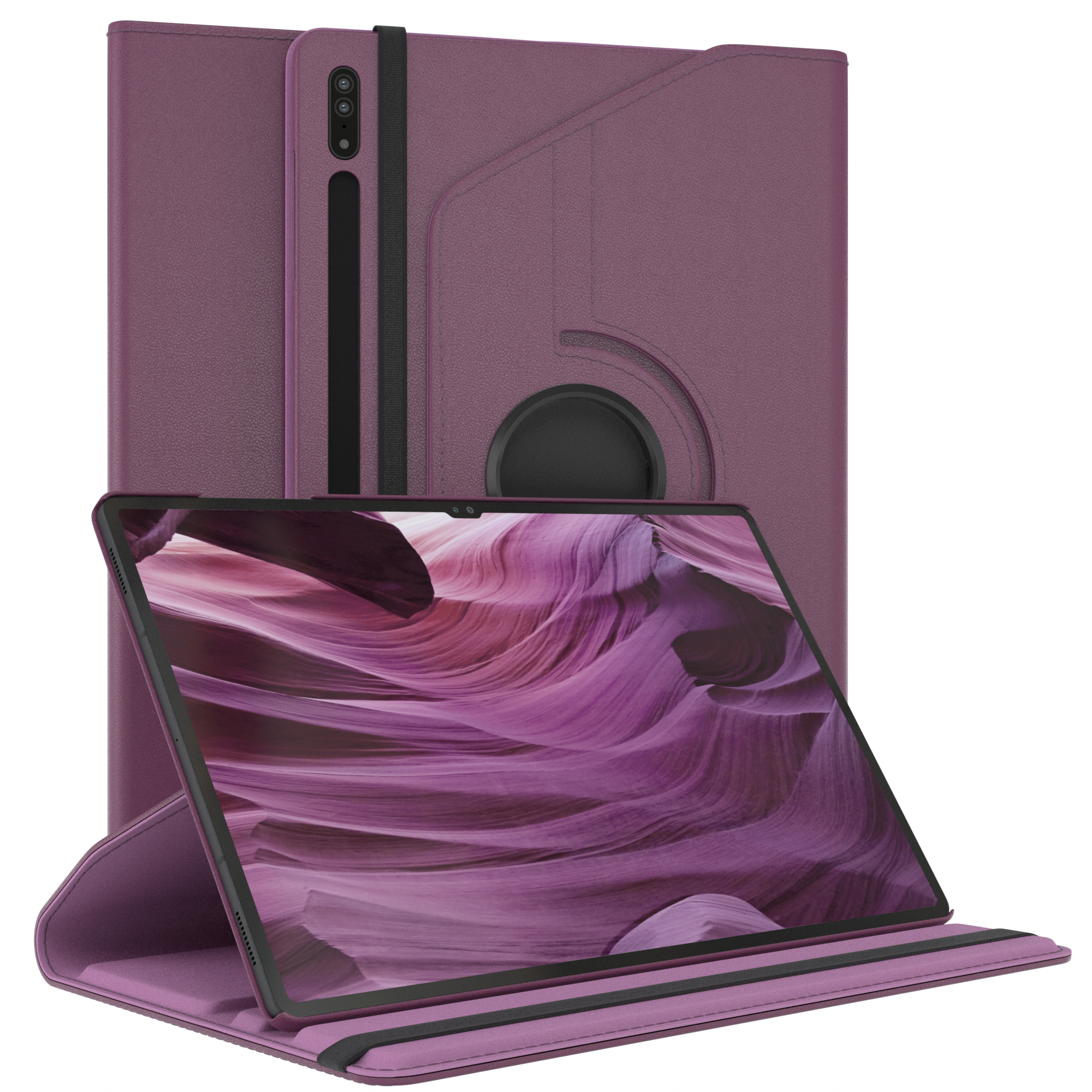Lila Tablet in lila Hülle. Bildschirm zeigt Felsformation.