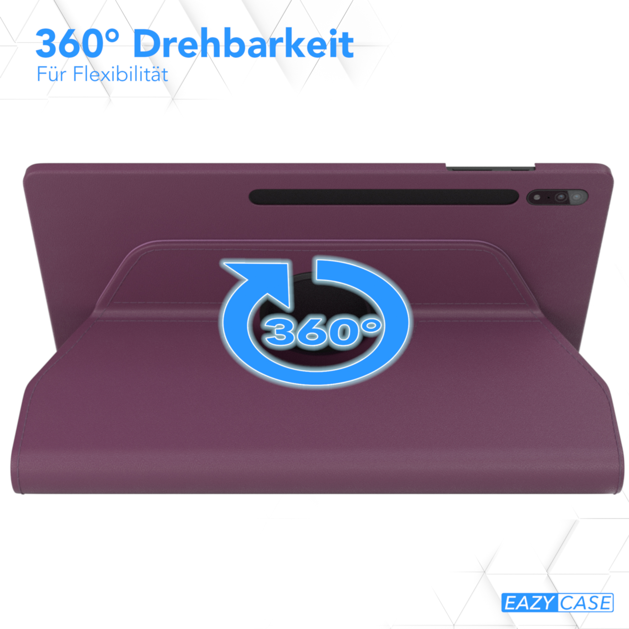 Tablet mit lila Hülle. Der Bildschirm zeigt nach oben, mit einem 360-Grad-Rotationssymbol.