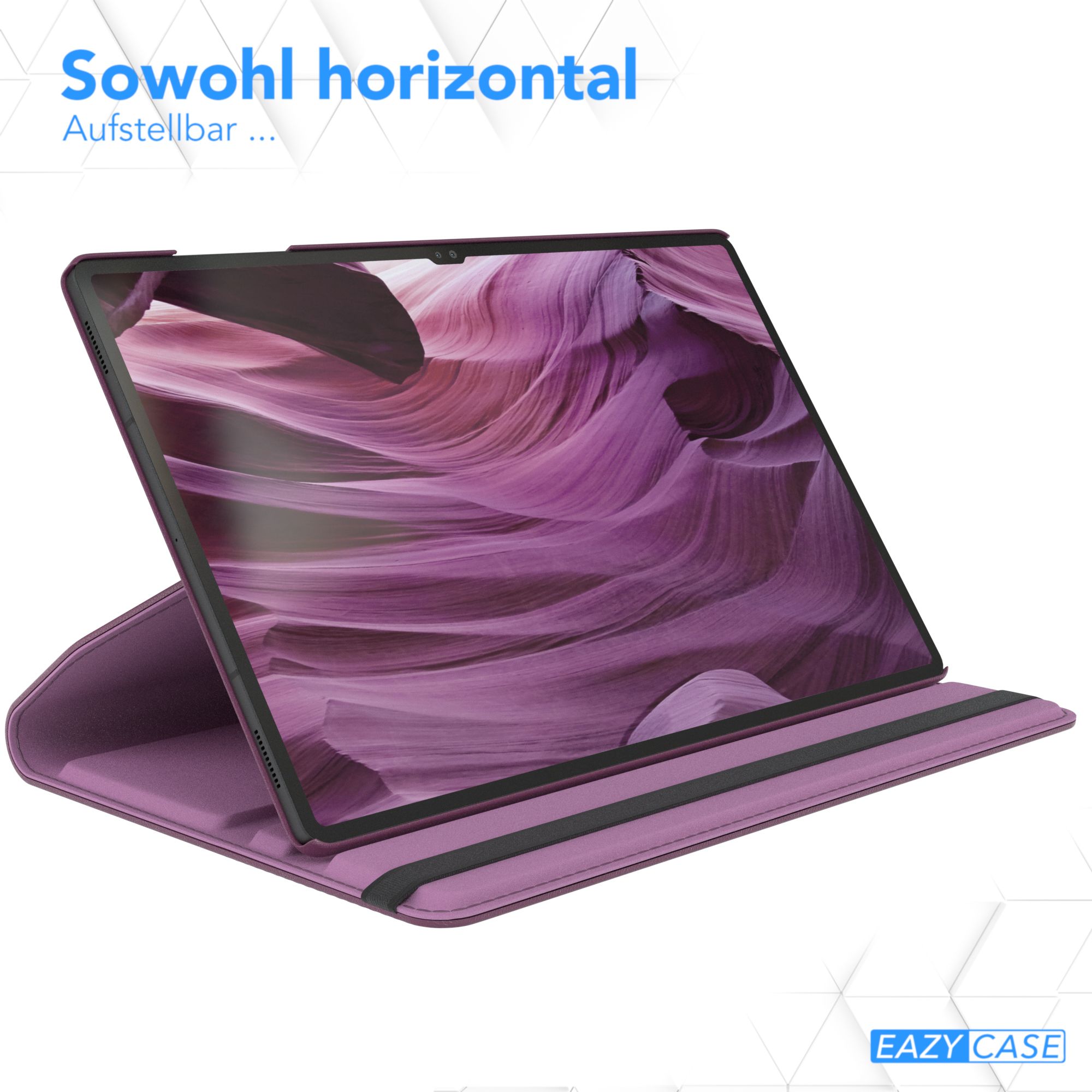 Ein Tablet in einer lila Hülle, zeigt eine lila Landschaft. Die Hülle steht im Ständer.