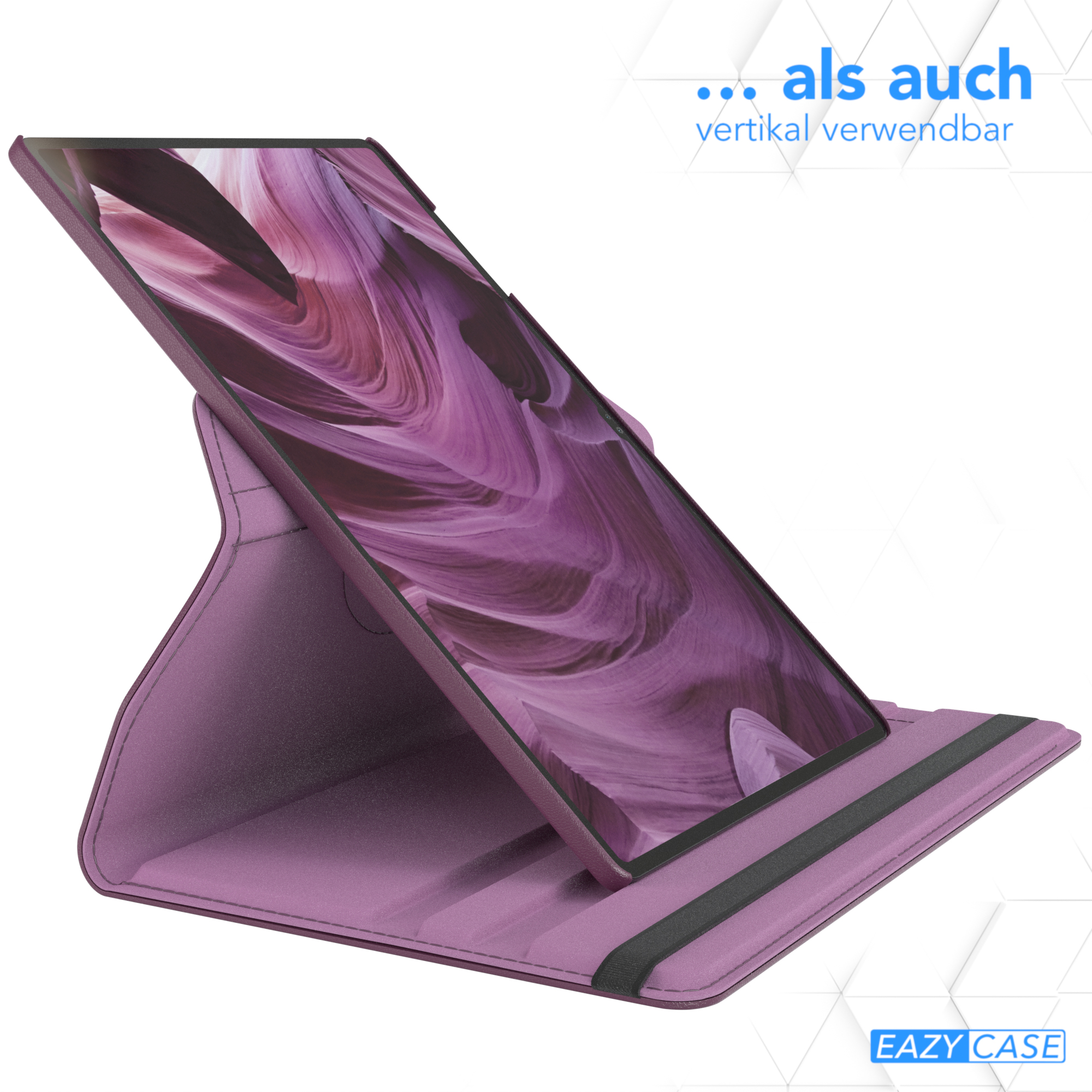 Tablet in lila Standhülle. Text oben: 'Vertikal'. Tablet steht senkrecht.