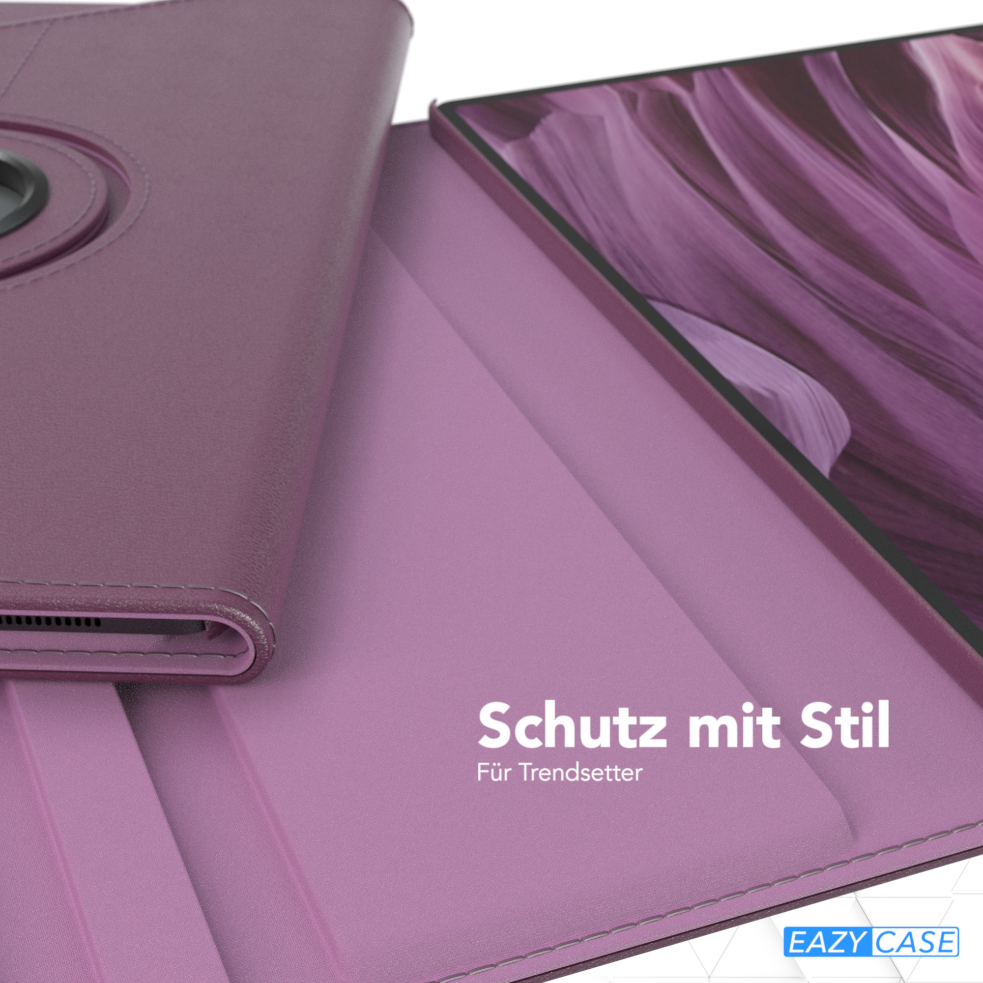 Eine violette Tablethülle, offen, mit einem Tablet darin und dem Text 'Schutz mit Stil'.