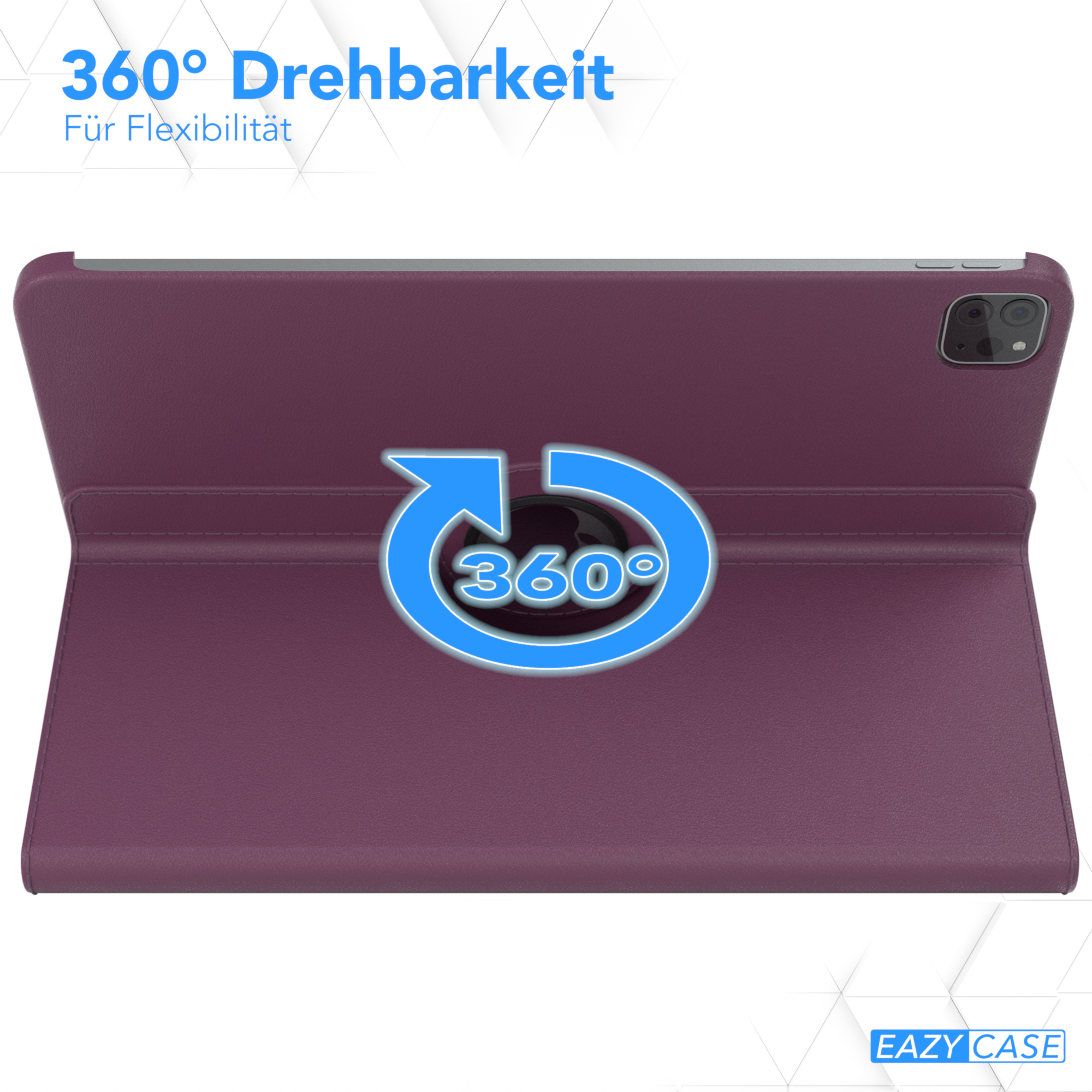Lila Tablethülle mit 360°-Drehsymbol. Text: 360° Drehbarkeit und Für Flexibilität.