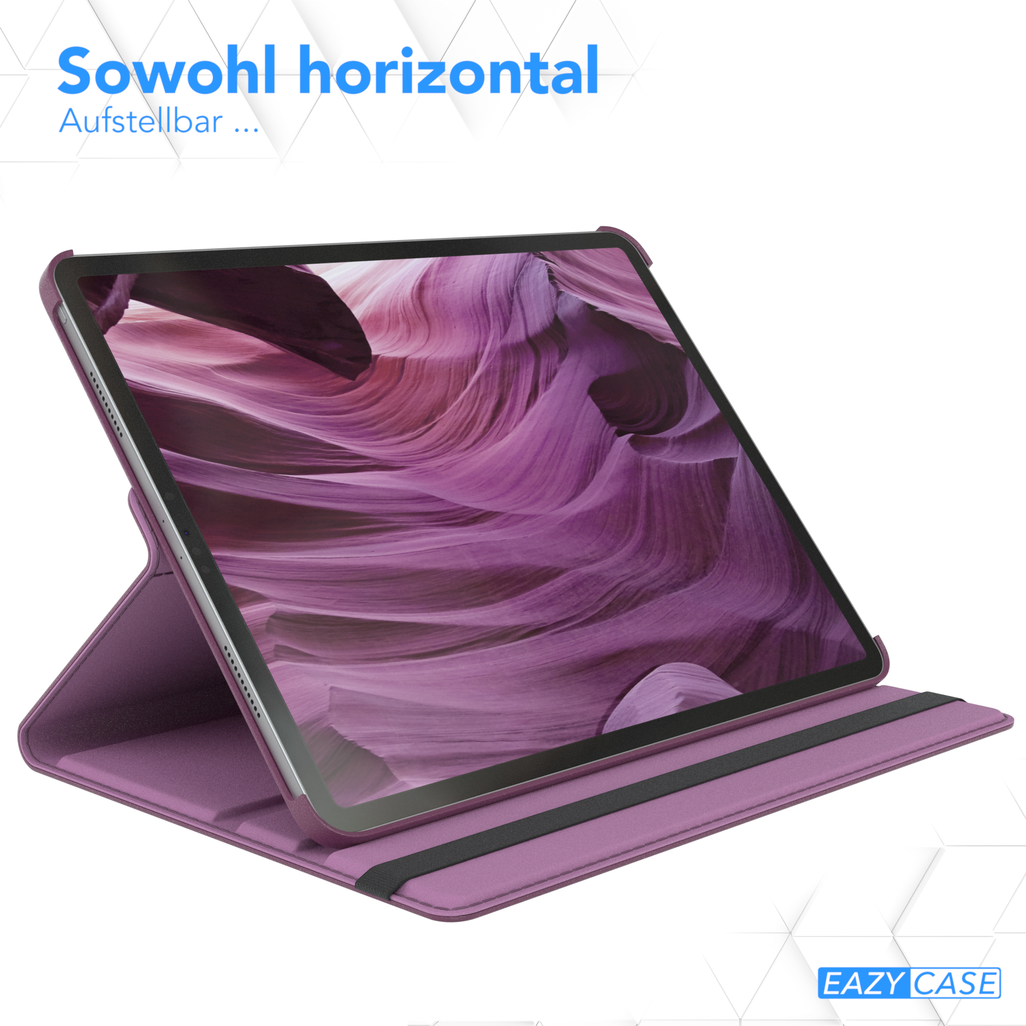 Tablet in lilafarbener Hülle, angewinkelt, zeigt lila Canyon-Bild. Text: Horizontal nutzbar.