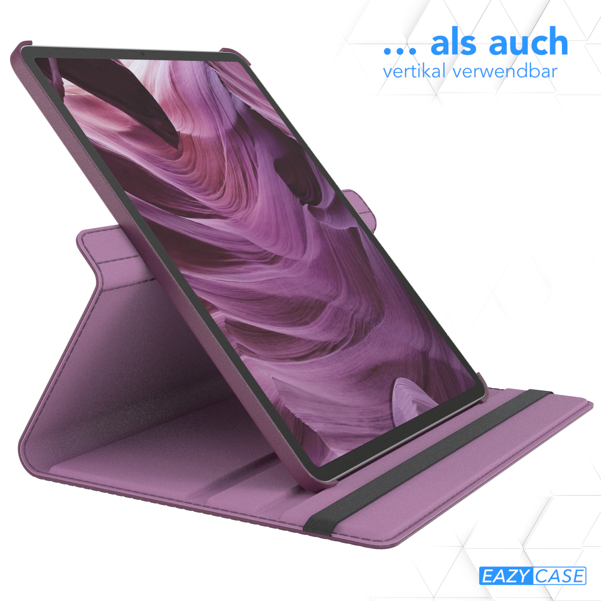 Lila Tablet-Hülle, teilweise geöffnet, Bildschirm anzeigend. Text: '...als auch vertikal verwendbar'.