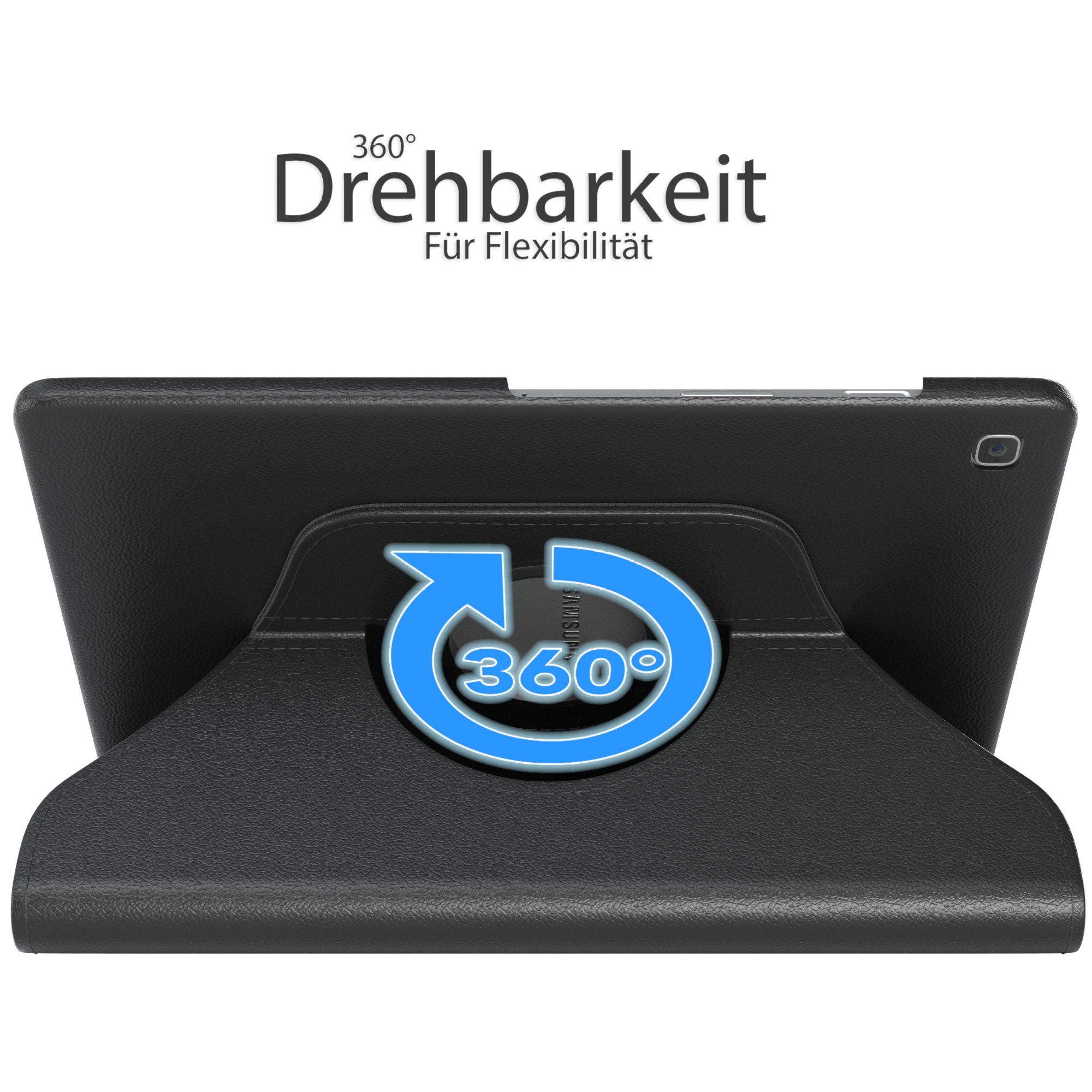 Schwarzes Tablet in schwarzem Ständer, mit 360°-Rotationssymbol. Text: Drehberkeit, Für Flexibilität.
