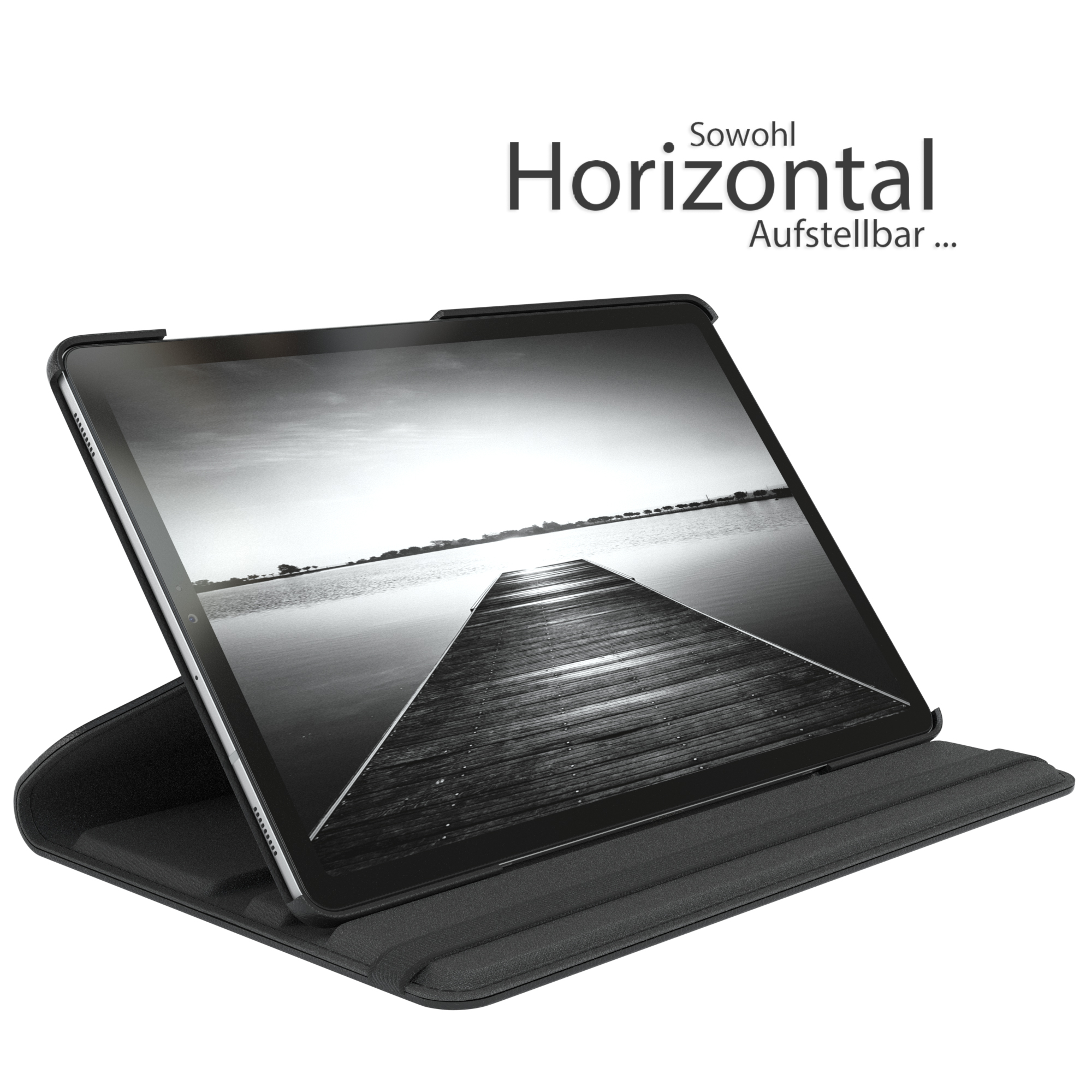 Tablet in schwarzer Hülle, aufgestellt. Bildschirm zeigt ein Schwarz-Weiß-Bild eines Piers.
