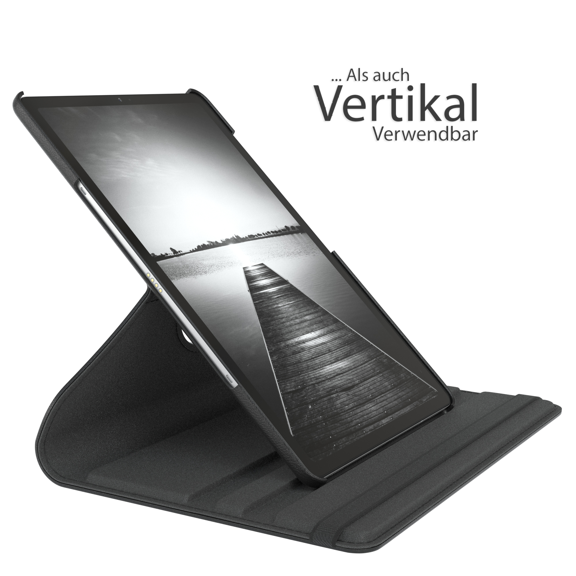 Tablet in einem Gehäuse aufgestellt. Der Bildschirm zeigt einen Holzsteg. Das Gehäuse ist schwarz.