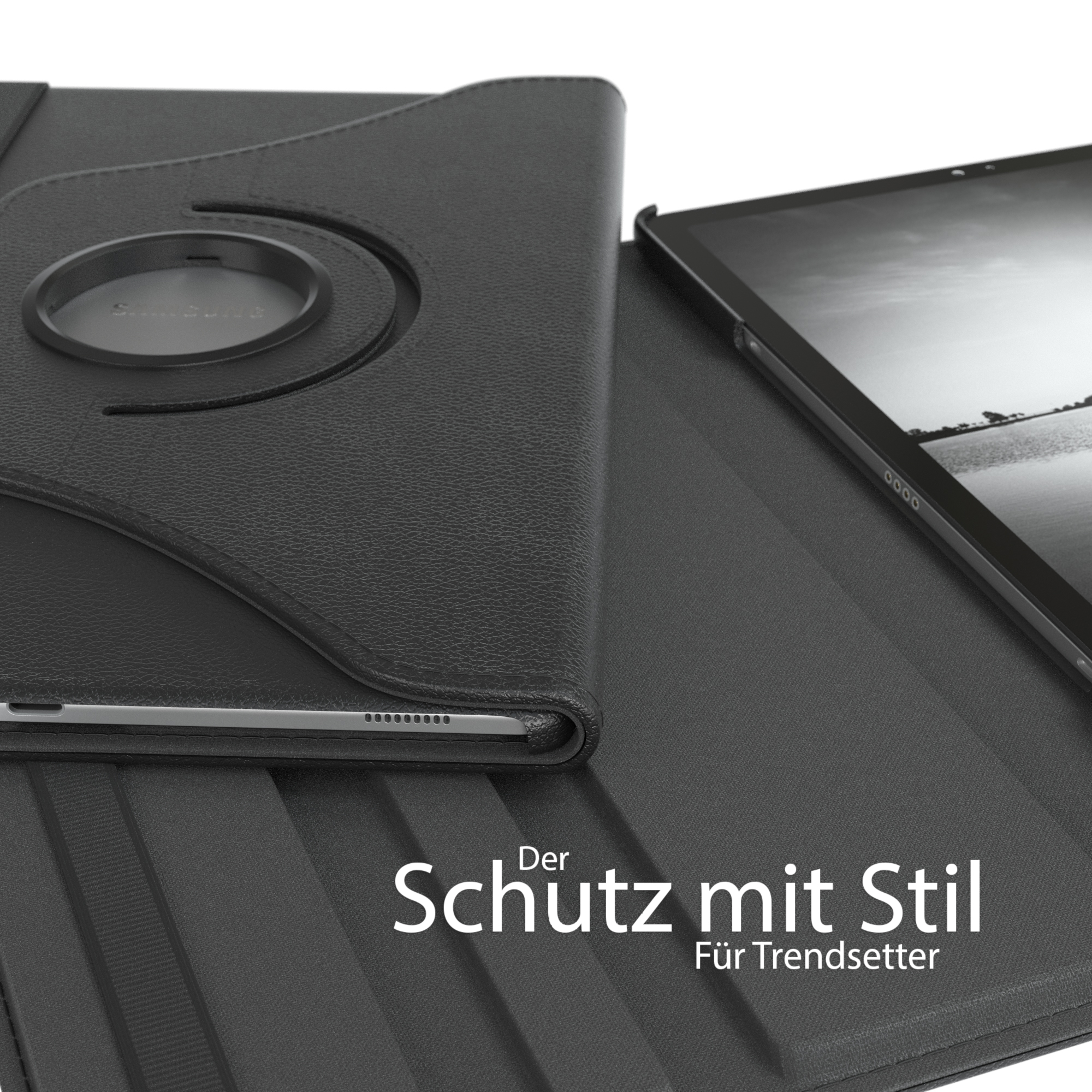 Schwarze Tablethülle mit Tablet darin, geschlossen. Die Hülle liegt auf einer Oberfläche.