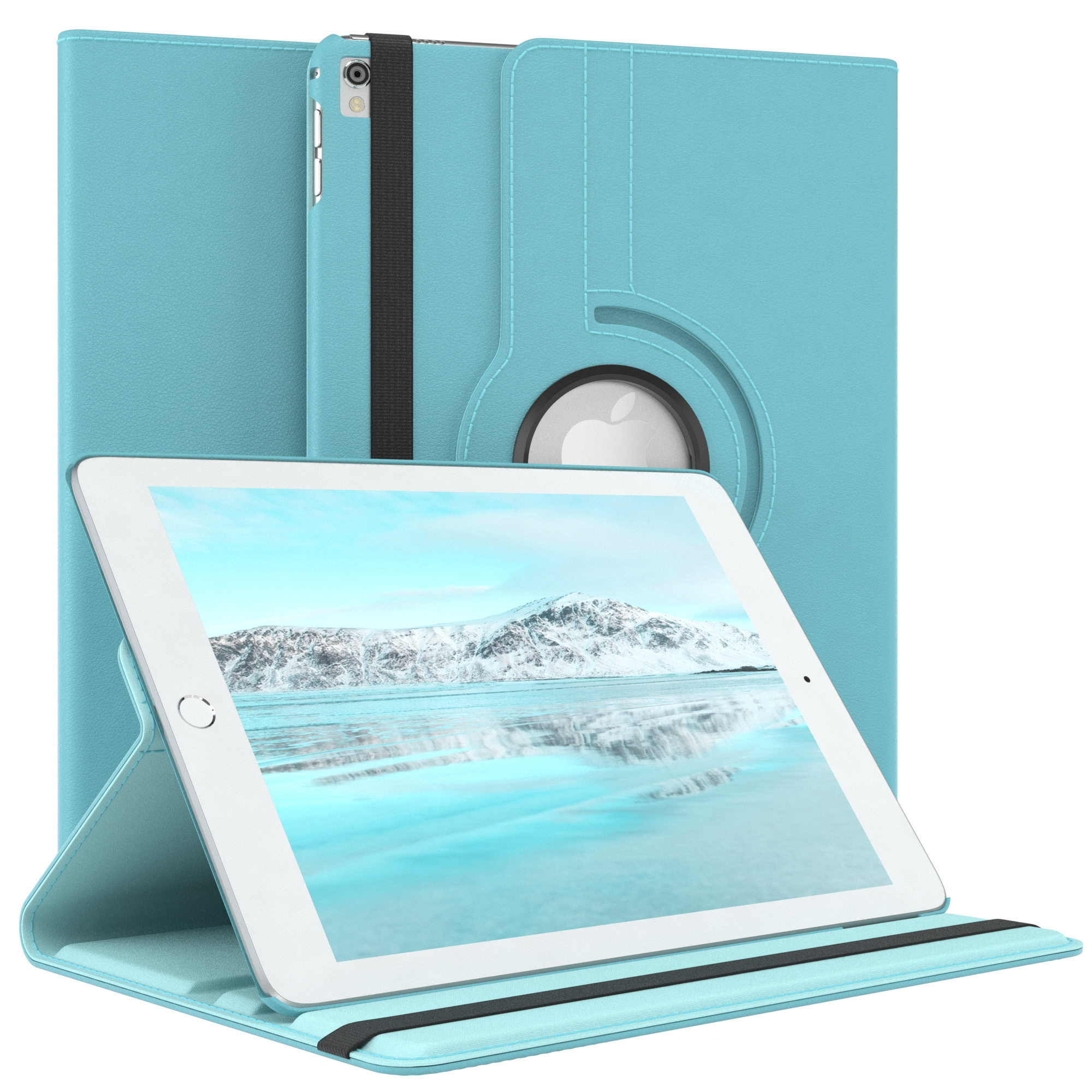 Blaue Tablethülle mit Tablet, das eine schneebedeckte Berglandschaft zeigt. Schwarzer Riemen und Stifthalter enthalten.