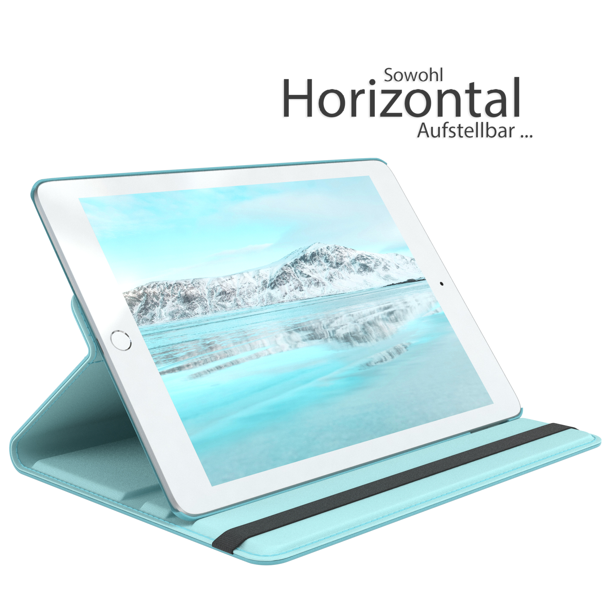 iPad in hellblauer Hülle. Schneebedeckte Berge im Hintergrund.
