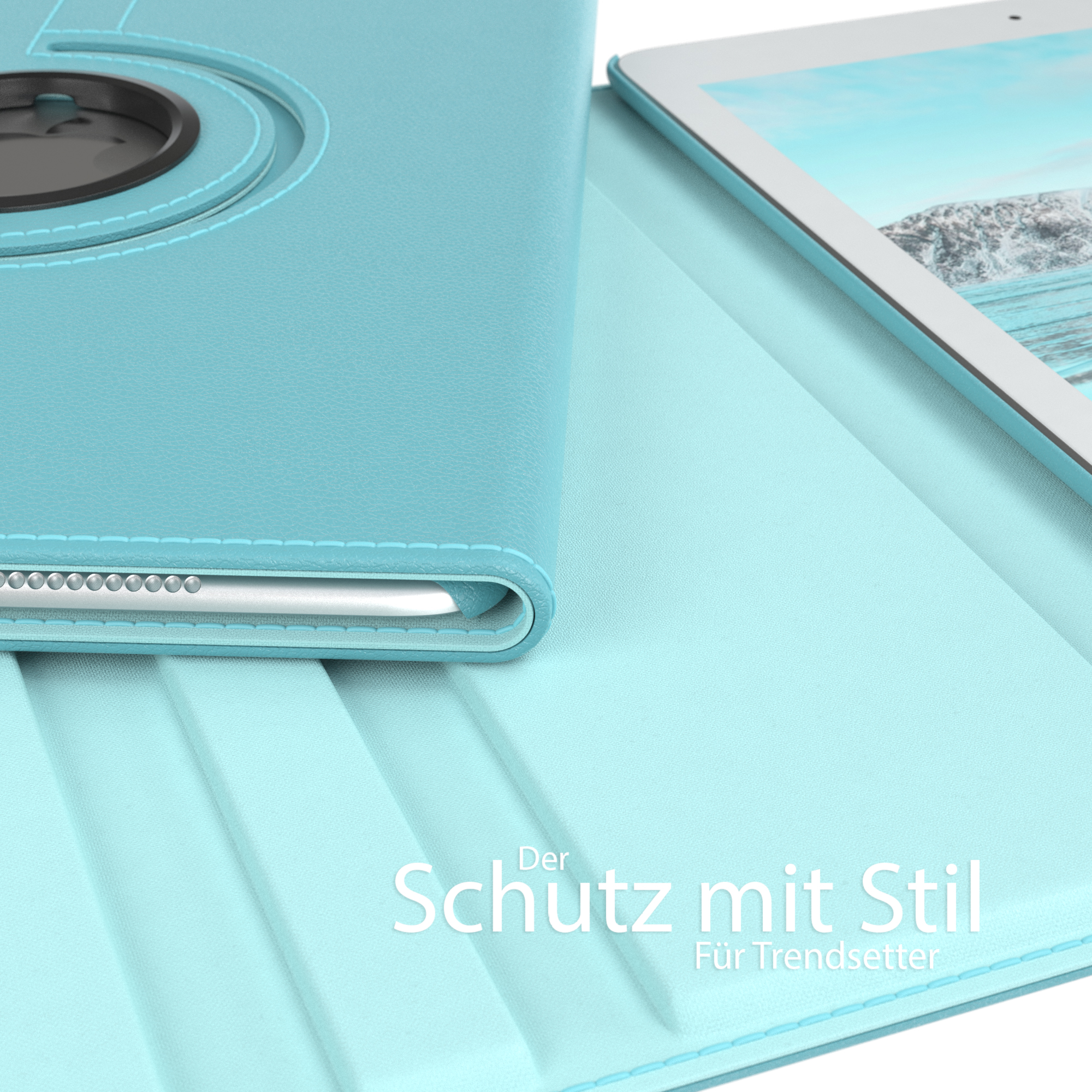 Nahaufnahme einer blauen Tablethülle. Das Tablet ist hellblau, mit einem drehbaren Kamerahalter.