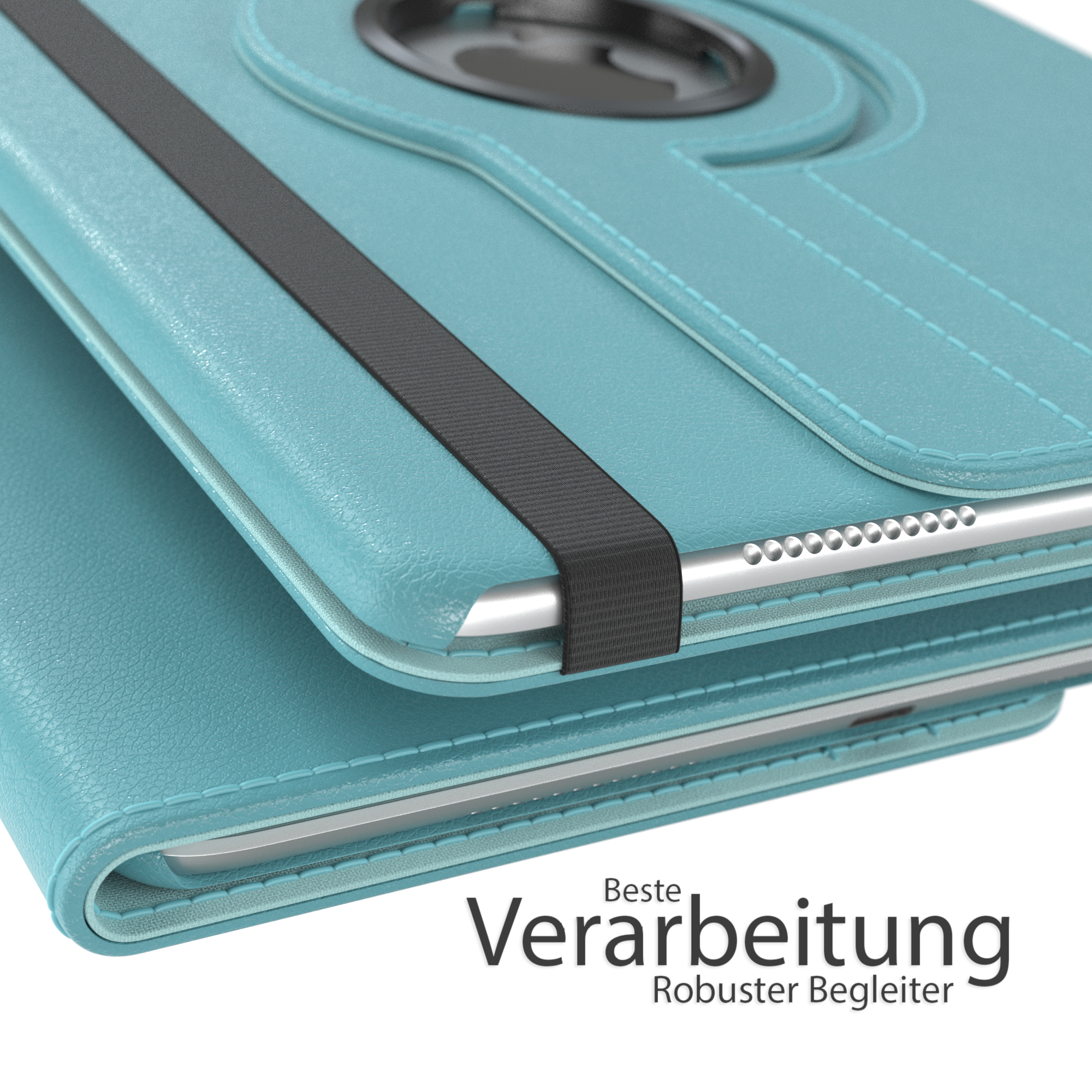 Blaue Tablethülle mit Tablet, schwarzem Band und Details.