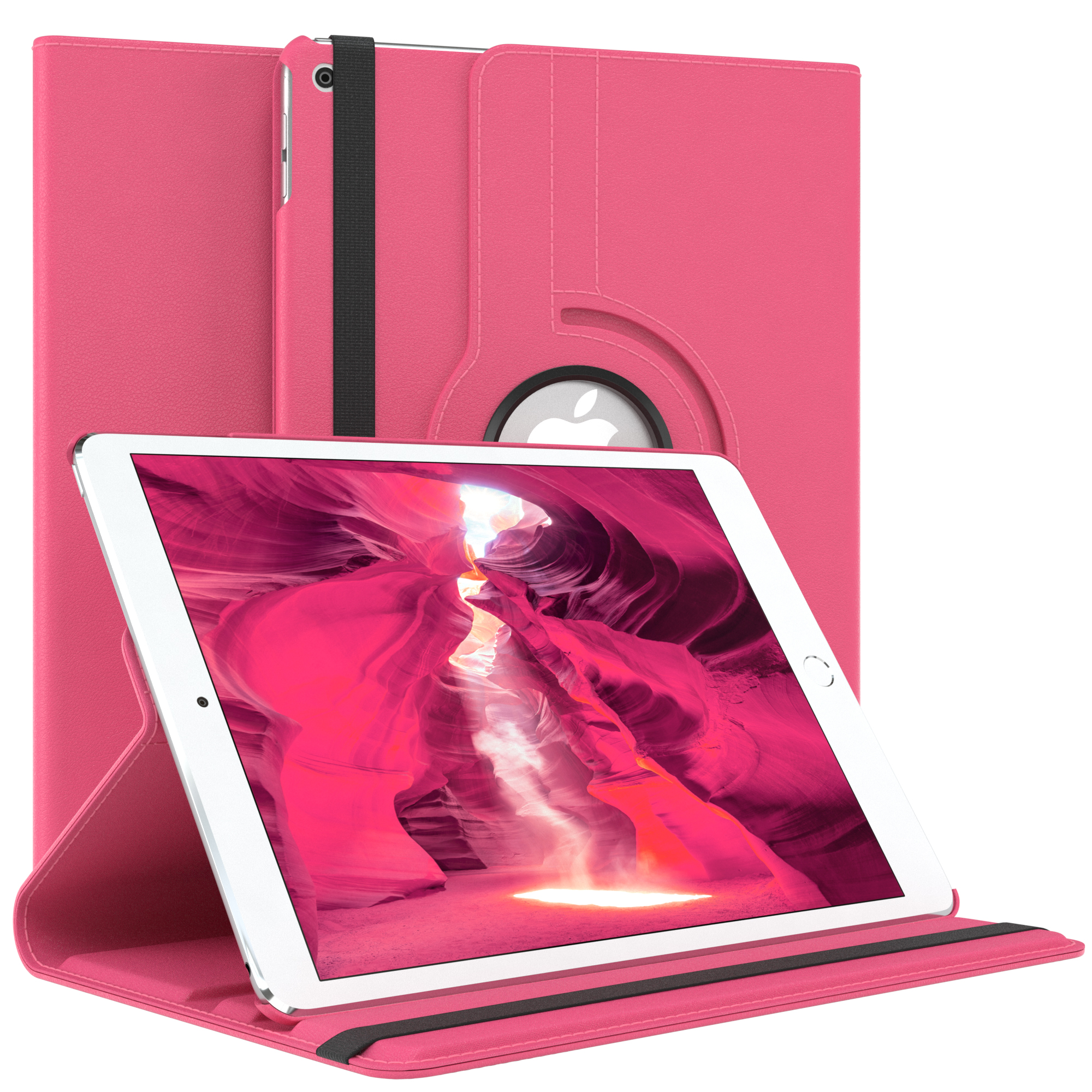 Rosa Tablethülle mit Tablet, das ein Canyonbild zeigt. Die Hülle ist offen, mit einem schwarzen Riemen.