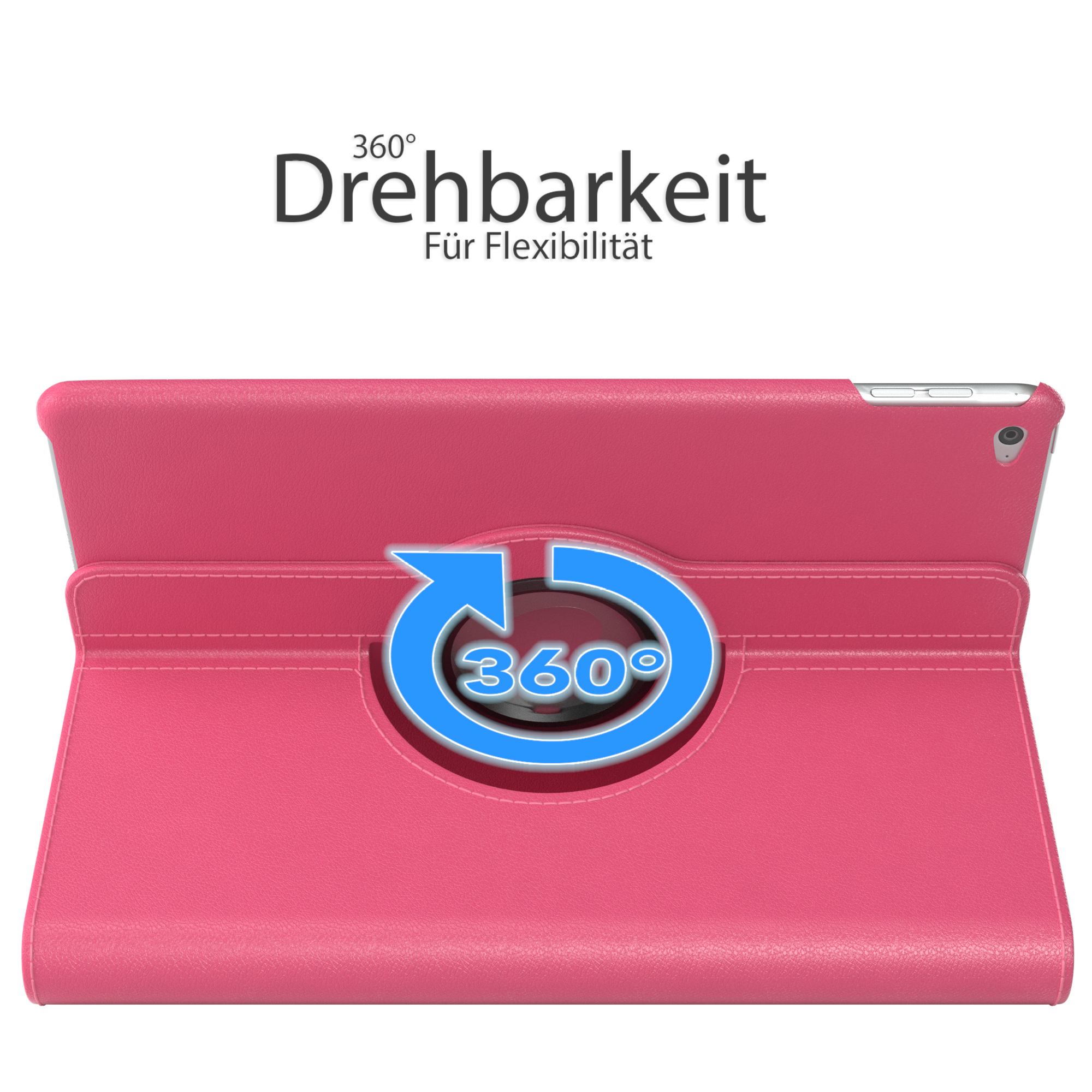 Tablet in rosa Hülle mit drehbarem Scharnier.