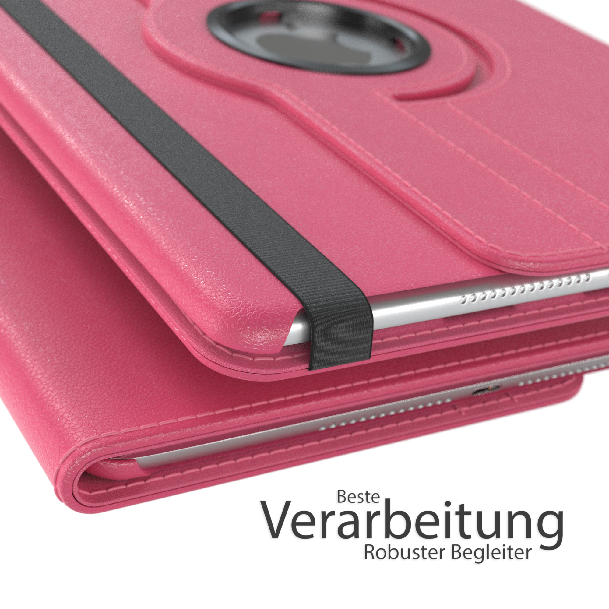 Eine geschlossene pinke Tablet-Hülle mit Tablet, die Hülle liegt auf einer anderen.
