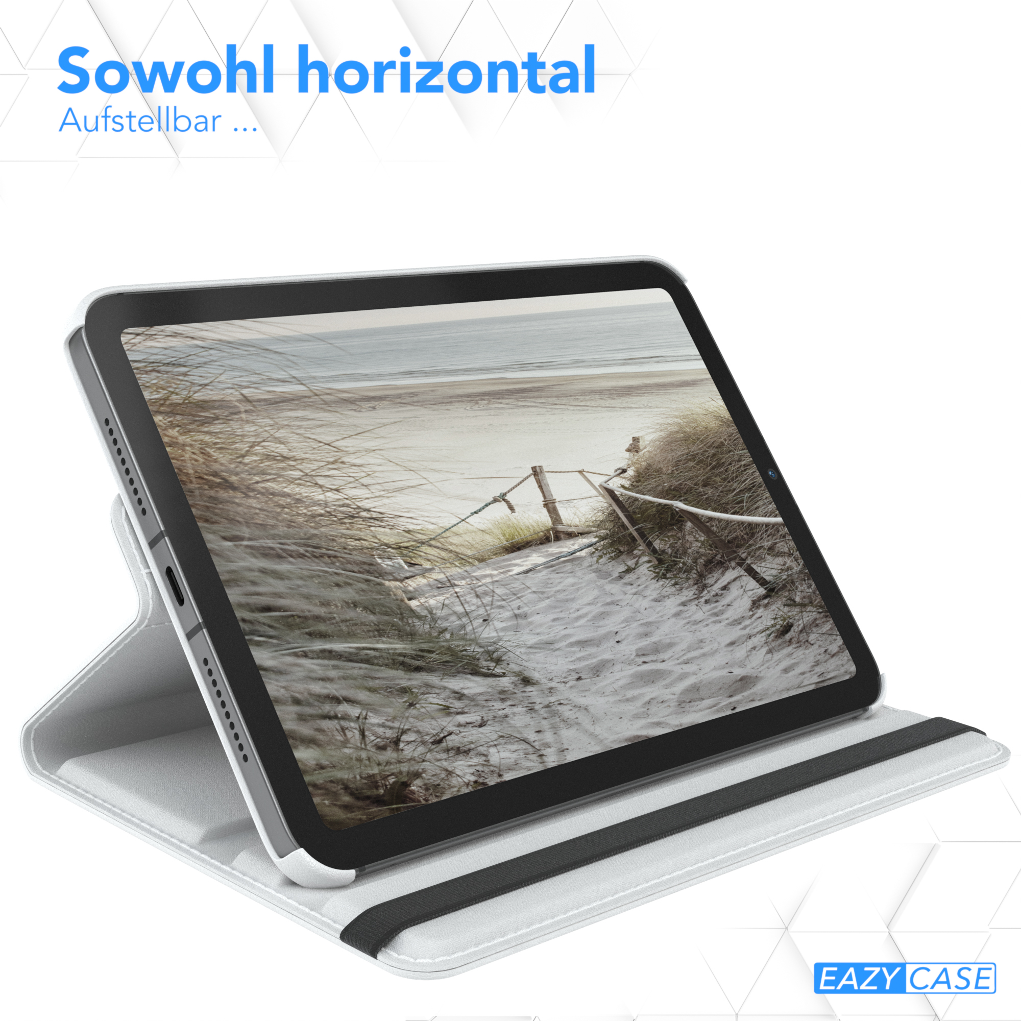 Tablet in weißer Hülle, geöffnet. Der Bildschirm zeigt eine Strandszene. Text oben: 'horizontal'.